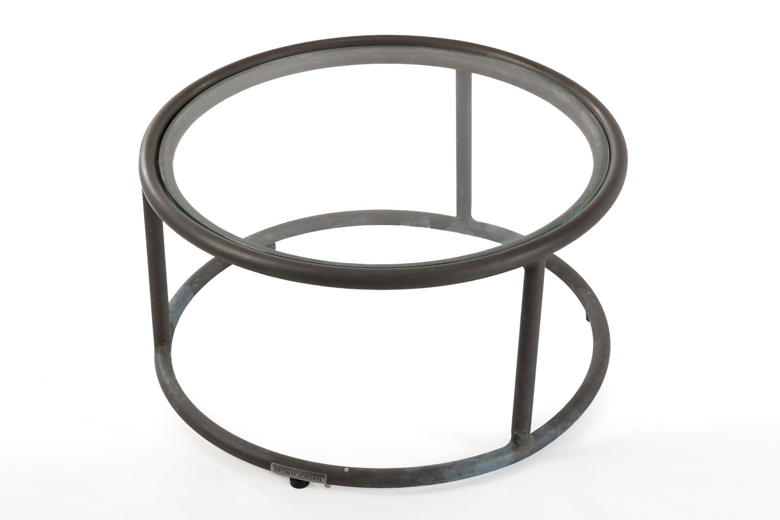 Walter Lamb, Side Table: WALTER LAMB Round side table, 1950s Tubular bronze, glass. Manufactured by Brown Jordan, USA. Underside with manufacturer's label. 10" H x 19" Diameter