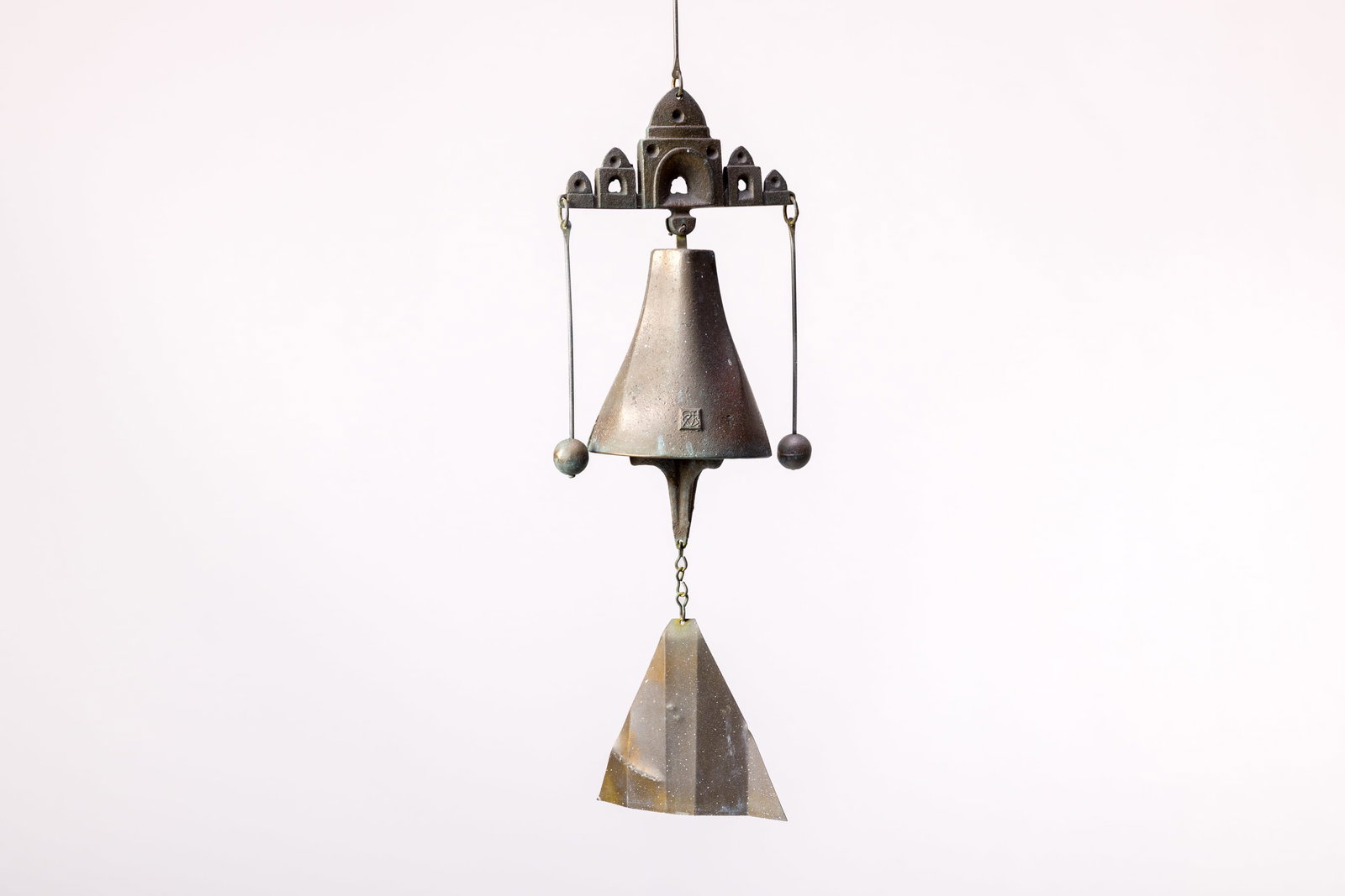 Paolo Soleri, 'Temple' Windbell: PAOLO SOLERI 'Temple' windbell, late 20th century Bronze, copper. Produced at Arcosanti, Mayer, AZ. With applied maker's mark to the body and impressed "P8" on