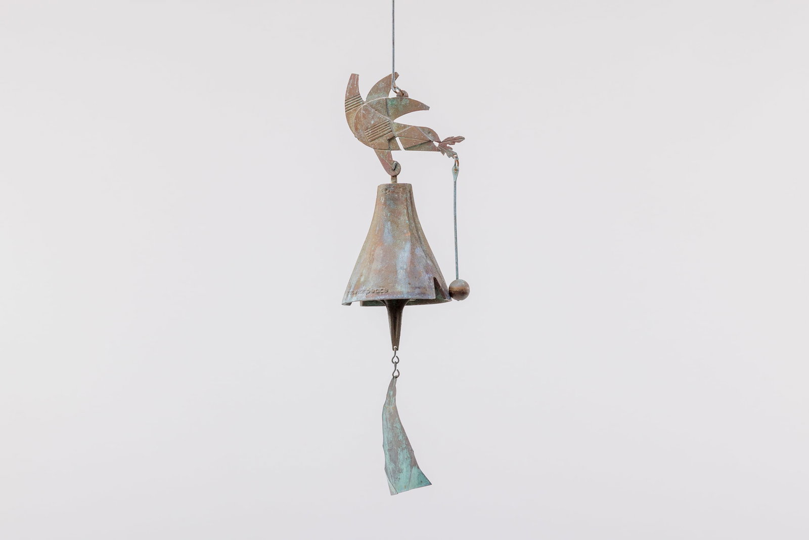 Paolo Soleri, 'Space for Peace Cause Bell' Windbell: PAOLO SOLERI 'Space for Peace Cause Bell' windbell, late 20th century Bronze, copper. Produced at Arcosanti, Mayer, AZ. With applied maker's mark. 22" H x