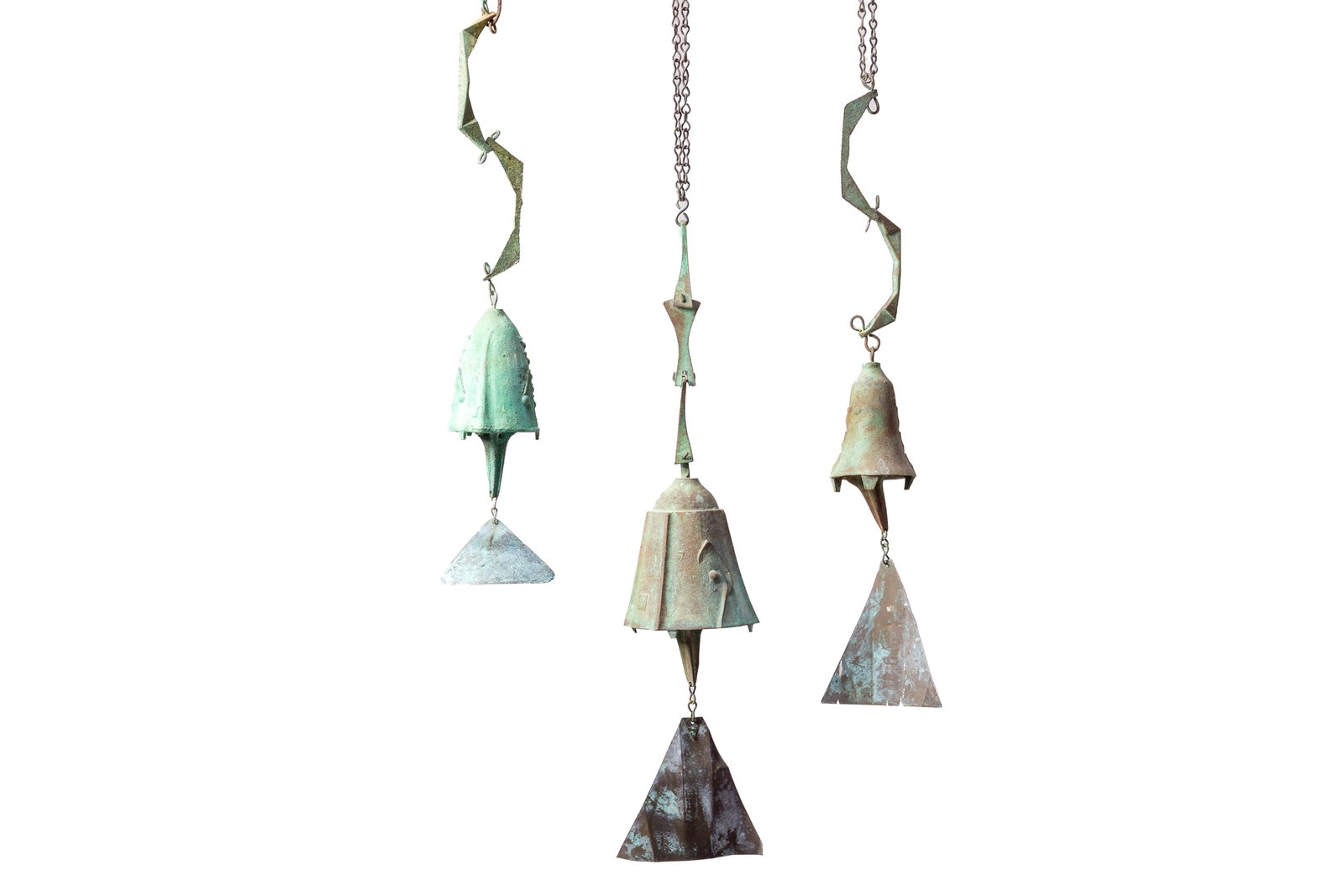 Paolo Soleri, Windbells (3): PAOLO SOLERI Set of three windbells, late 20th century Bronze, copper. Produced at Arcosanti, Mayer, AZ. With applied maker's mark. Largest: 22" H x 5" W x