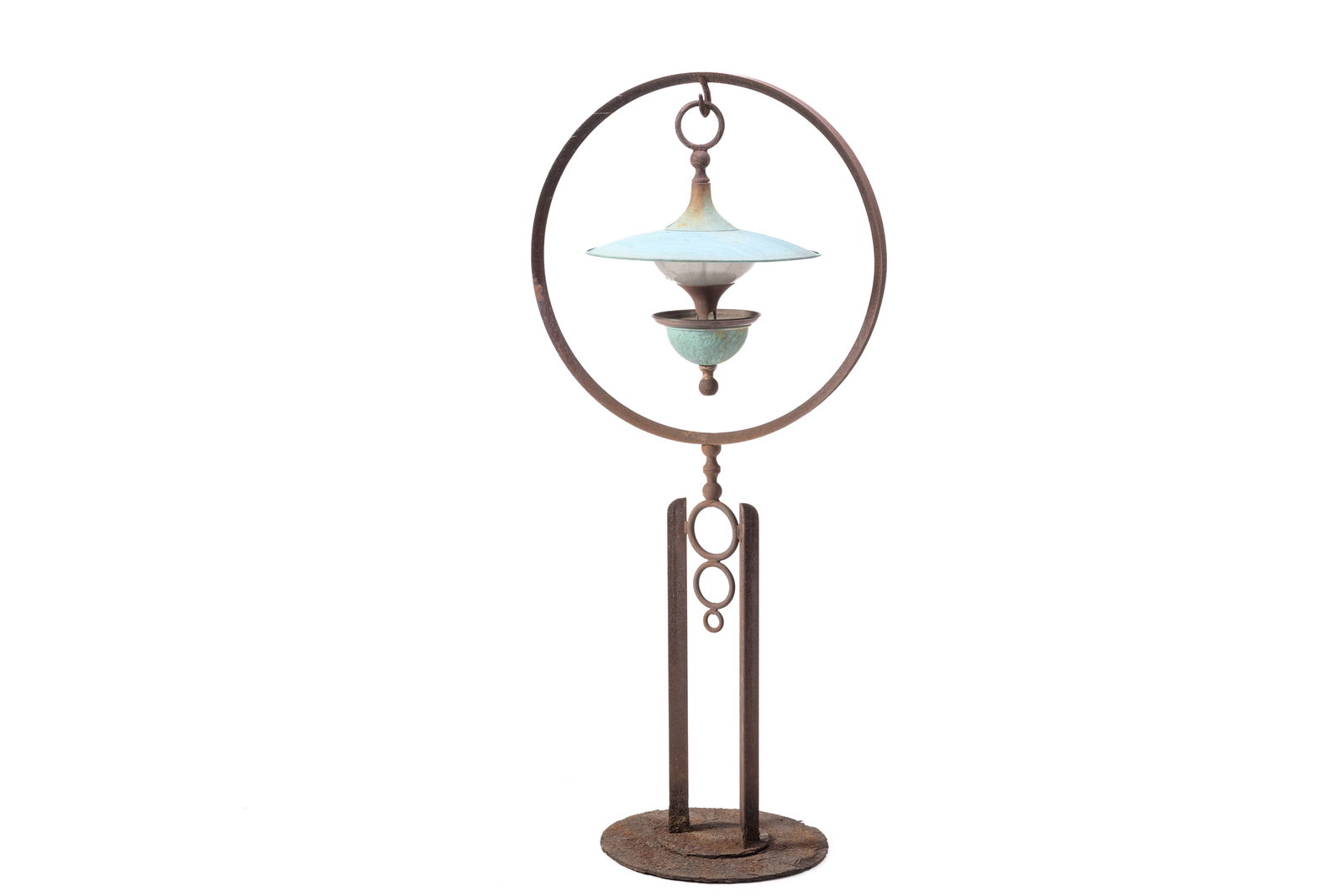 Tom Torrens, Standing Bird Feeder: TOM TORRENS Standing bird feeder, 1970s Iron, copper, glass. 78" H x 36" W x 23.25" D