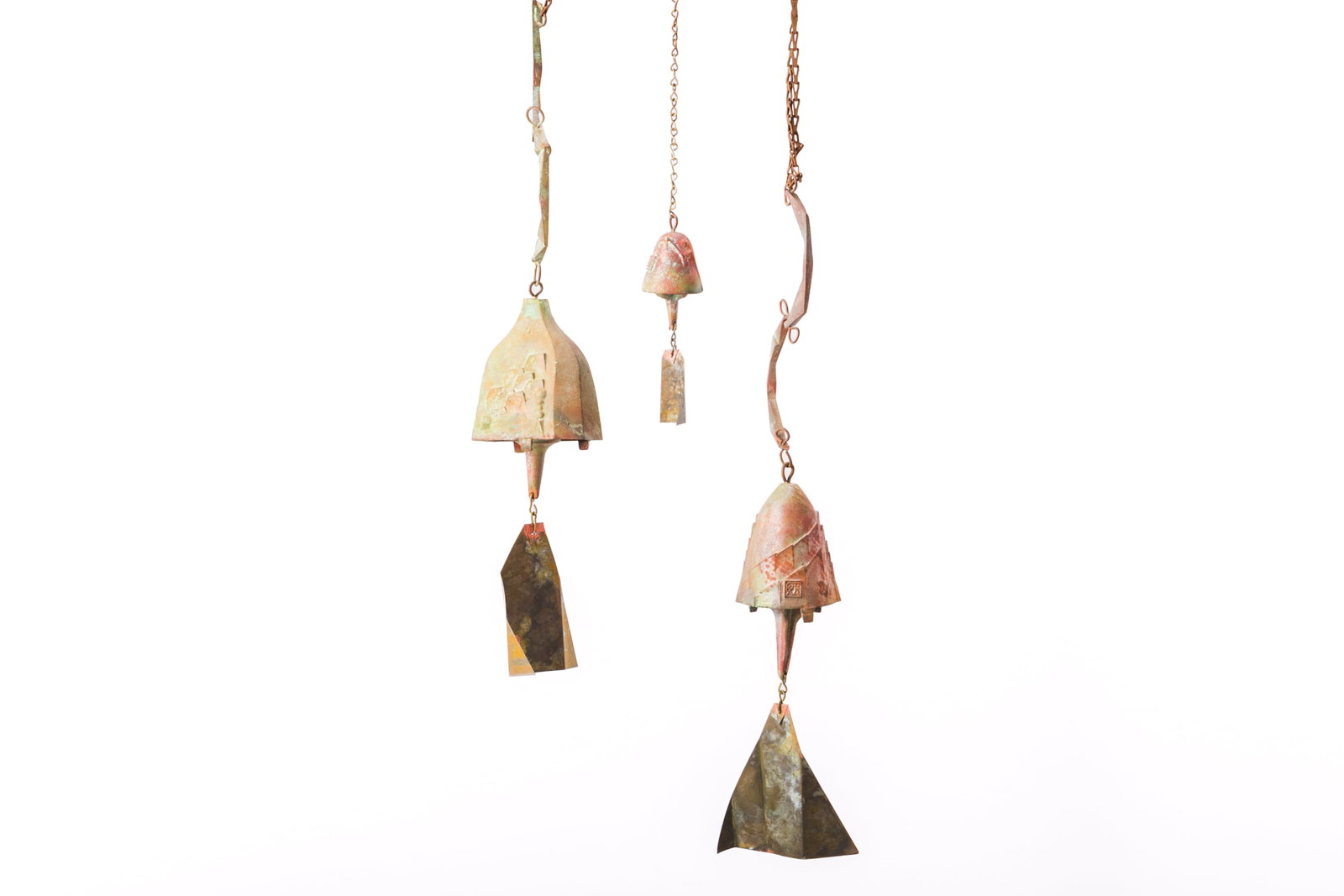 Paolo Soleri, Windbells (3): PAOLO SOLERI Set of three windbells, late 20th century Bronze, copper. Produced at Arcosanti, Mayer, AZ. With applied maker's mark. Largest: 22" H x 5.75"" W