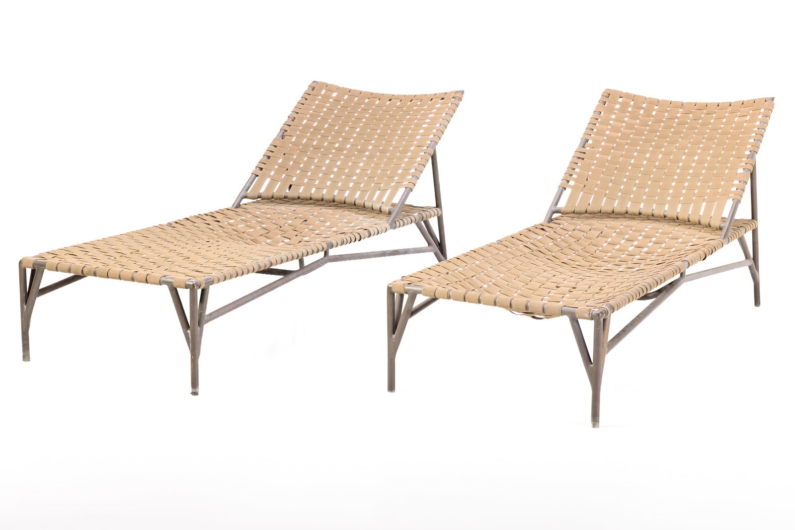 Richard Frinier, Chaise Lounges (2): RICHARD FRINIER Pair of 'Stretch' chaise lounges, 21st century Bronze, canvas strapping. Manufactured by Brown Jordan, USA. Each: 26" H x 84" W x 28" D