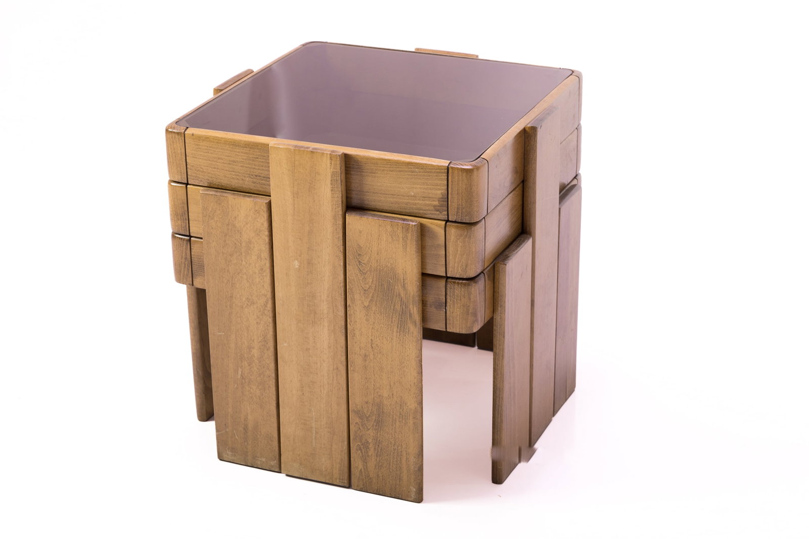 Gianfranco Frattini, Nesting Tables (3): GIANFRANCO FRATTINI Set of three nesting tables, ca. 1966 Walnut, smoked glass. Manufactured by Cassina, Italy. Stacked: 20" H x 20.25" W x 20.25" D