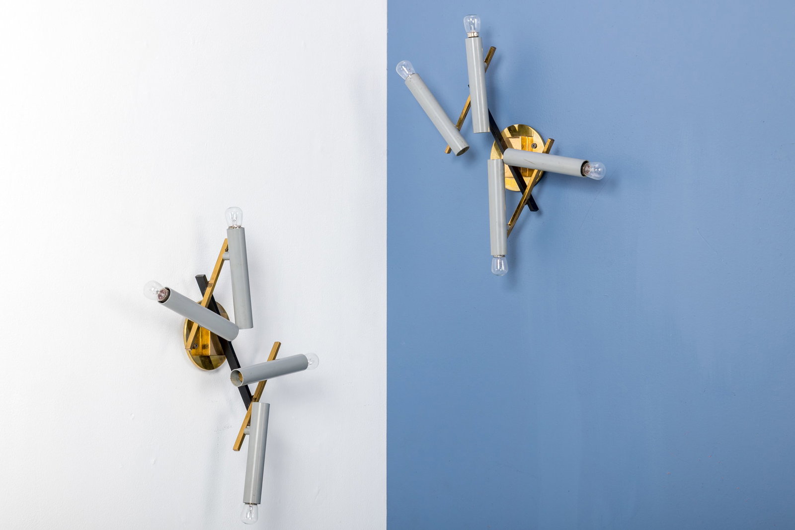 Oscar Torlasco, Sconces (2): OSCAR TORLASCO Pair of sconces, model no. 502/4, 1950s Painted aluminum, brass. Produced by Lumi, Italy. Each with manufacturer's label. Each: 13" H x 9" W x 3.5" D
