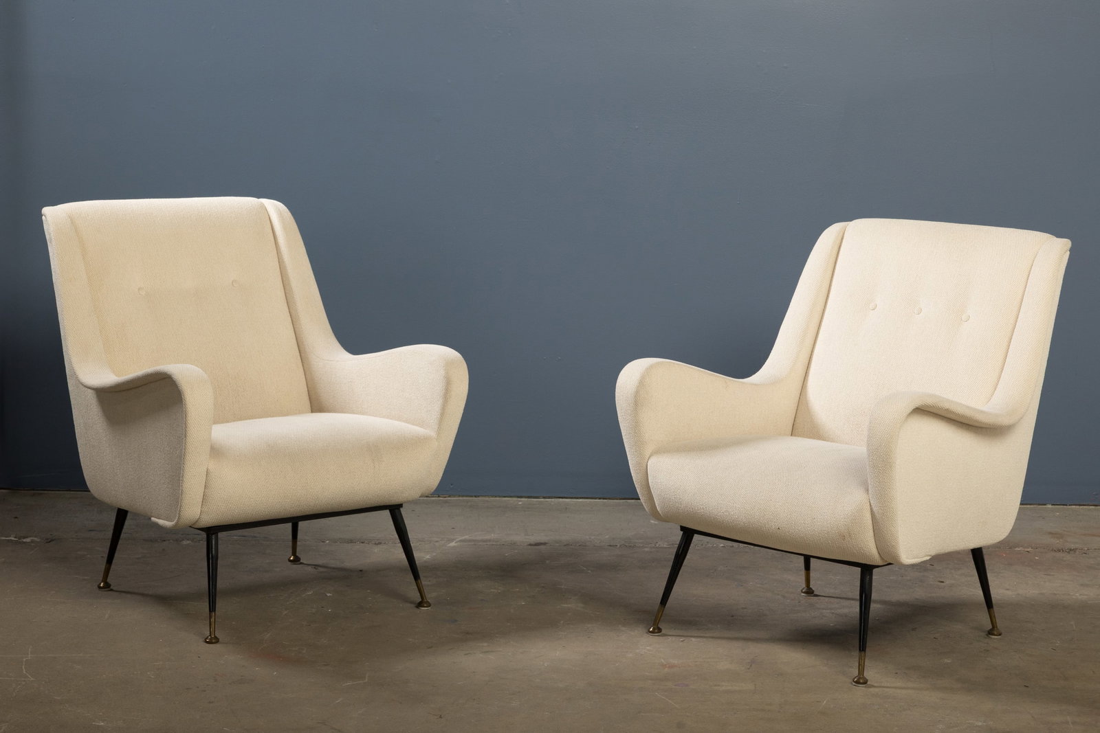 Marco Zanuso Style, Lounge Chairs (2): MARCO ZANUSO STYLE Pair of lounge chairs, 1960s Fabric, lacquered metal, brass. Made in Italy. Each: 33.5" H x 28" W x 30.5" D Seat height: 16"