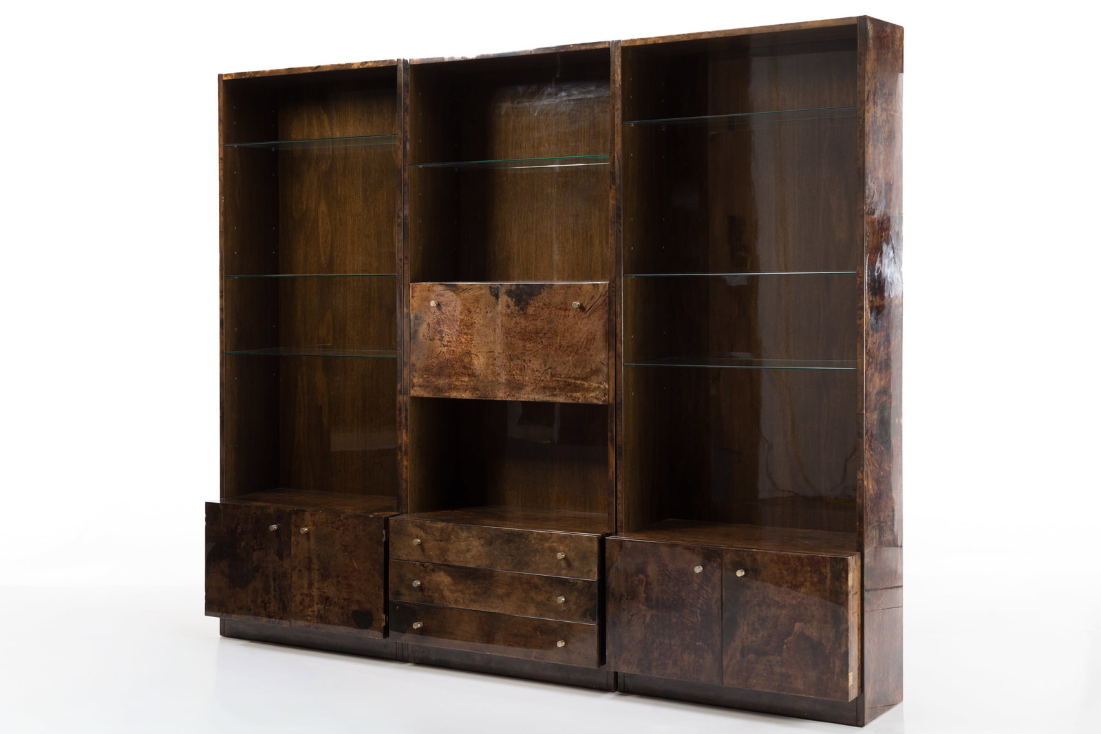 Aldo Tura, Wall Unit: ALDO TURA Three-part wall unit, 1970s Lacquered goatskin, lacquered wood, glass, brass. Produced in Italy. 99" H x 106.5" W x 18" D Each section: 33" W