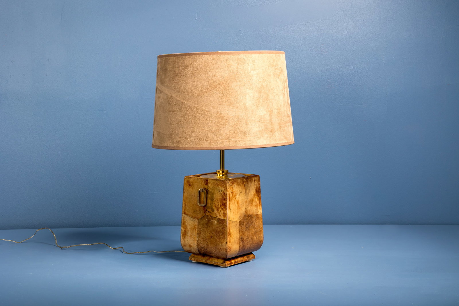 Aldo Tura, Table Lamp: ALDO TURA Table lamp, 1970s Lacquered goatskin, brass, wood. Produced by Aldo Tura, Italy. Underside with producer's label. 24" H x 14" Diameter, including shade Body only: