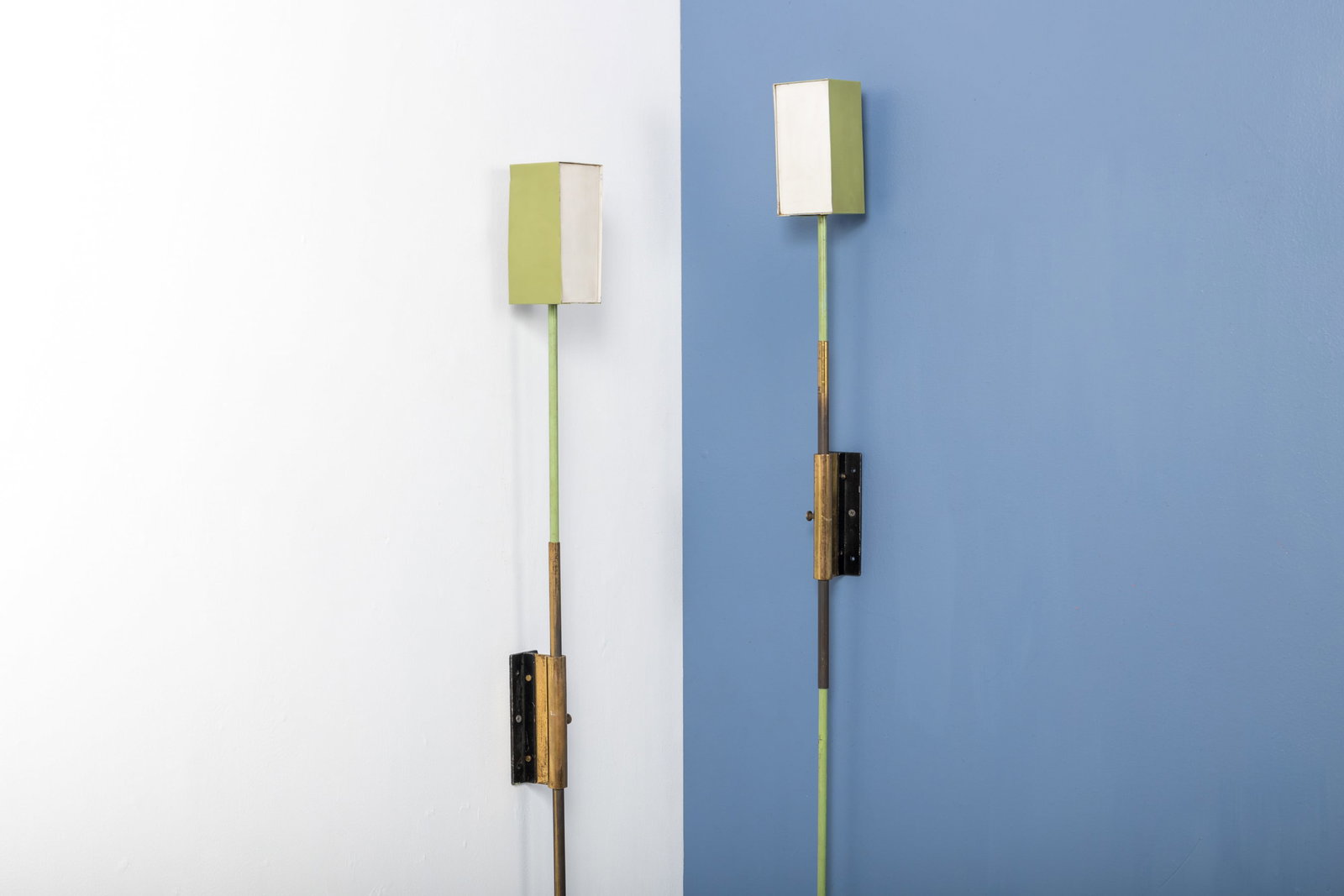Italian, Sconces (2): ITALIAN Pair of adjustable sconces, 1960s Lacquered steel, brass. Each: 43" H x 3" W x 3.75" D