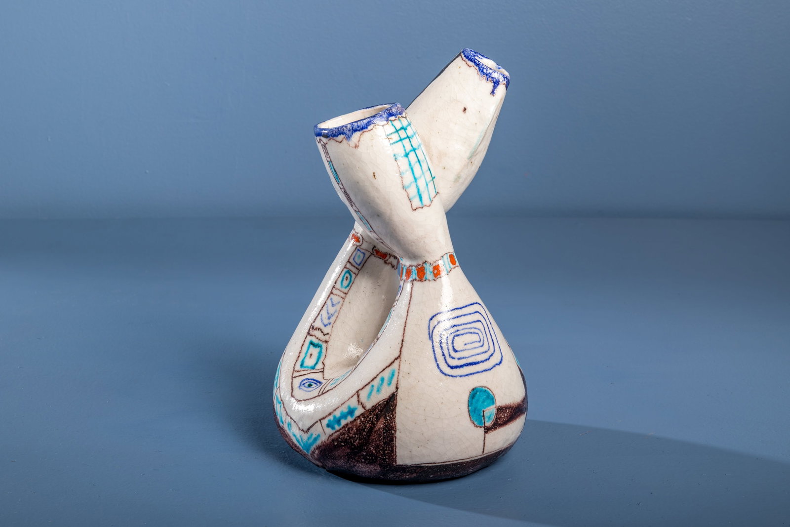 Andrea D'Arienzo, Double Vase: ANDREA D'ARIENZO Double vase, 1961 Glazed stoneware. Produced in Italy. Underside hand-painted "ITALIA" and "A. D.", and dated sticker. 12.75" H x 8.5"