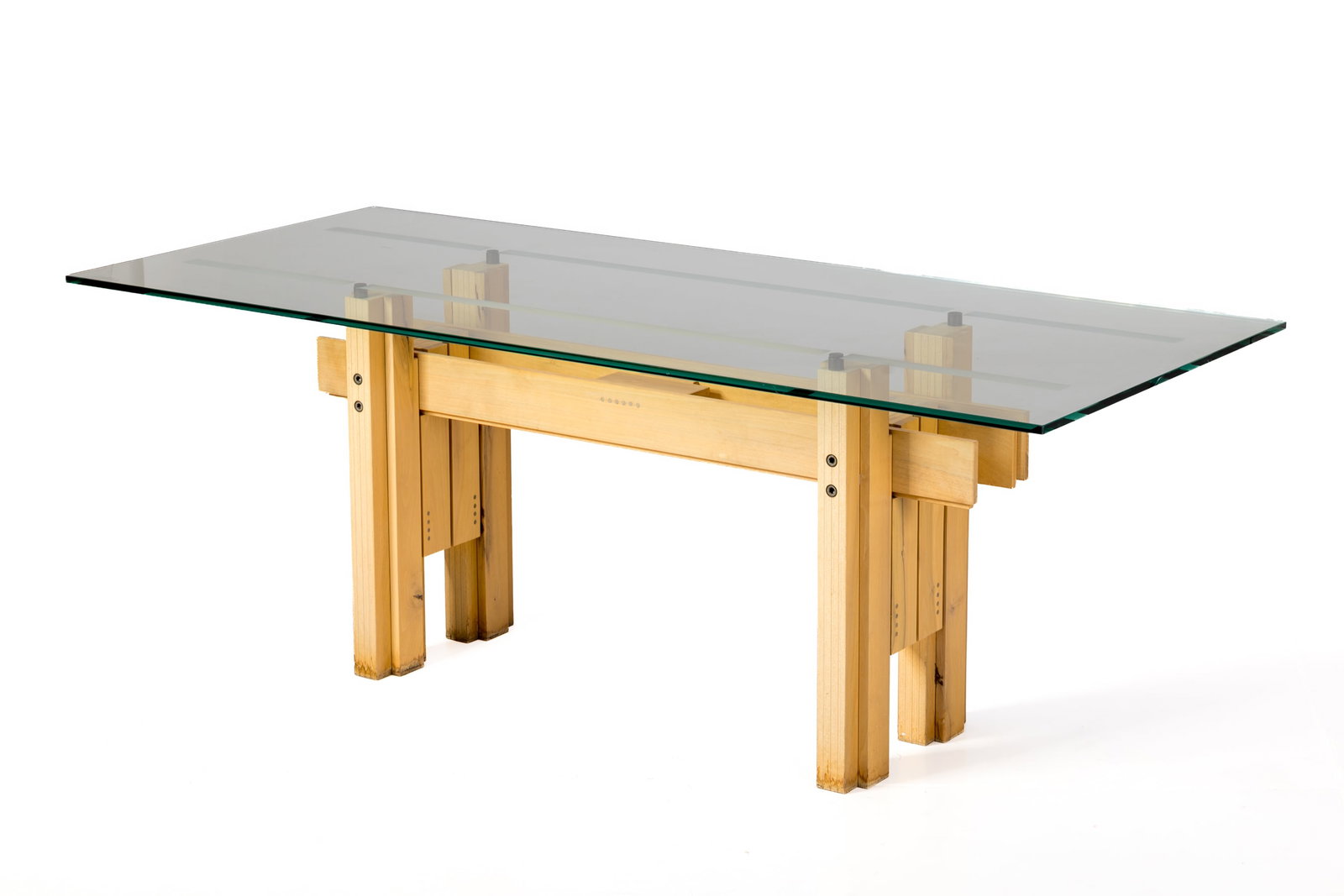 Franco Poli, 'Cangrande' Table: FRANCO POLI 'Cangrande' table, 1979 Walnut, partially-etched glass. Manufactured by Bernini, Italy. Underside with branded manufacturer's mark. 29" H x 78.5" W x
