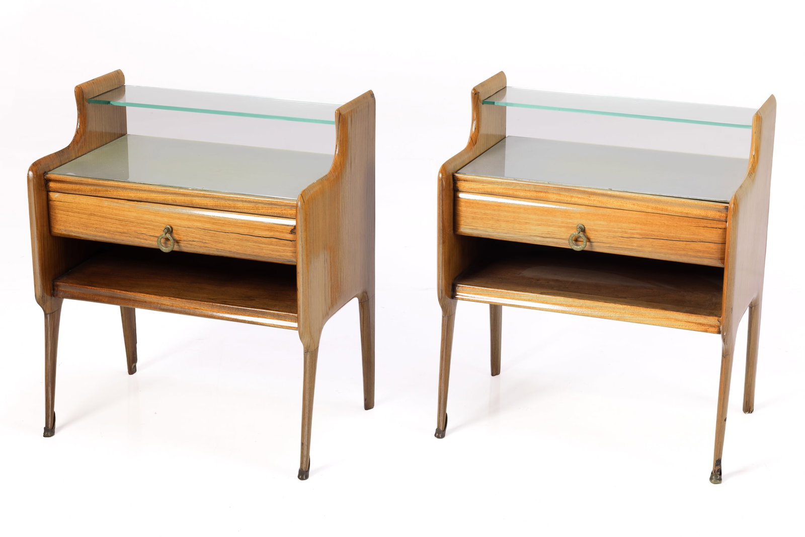 Italian, Nightstands (2): ITALIAN Pair of nightstands, 1950s Wood, glass, brass. Each: 28" H x 21.5" W x 21" D