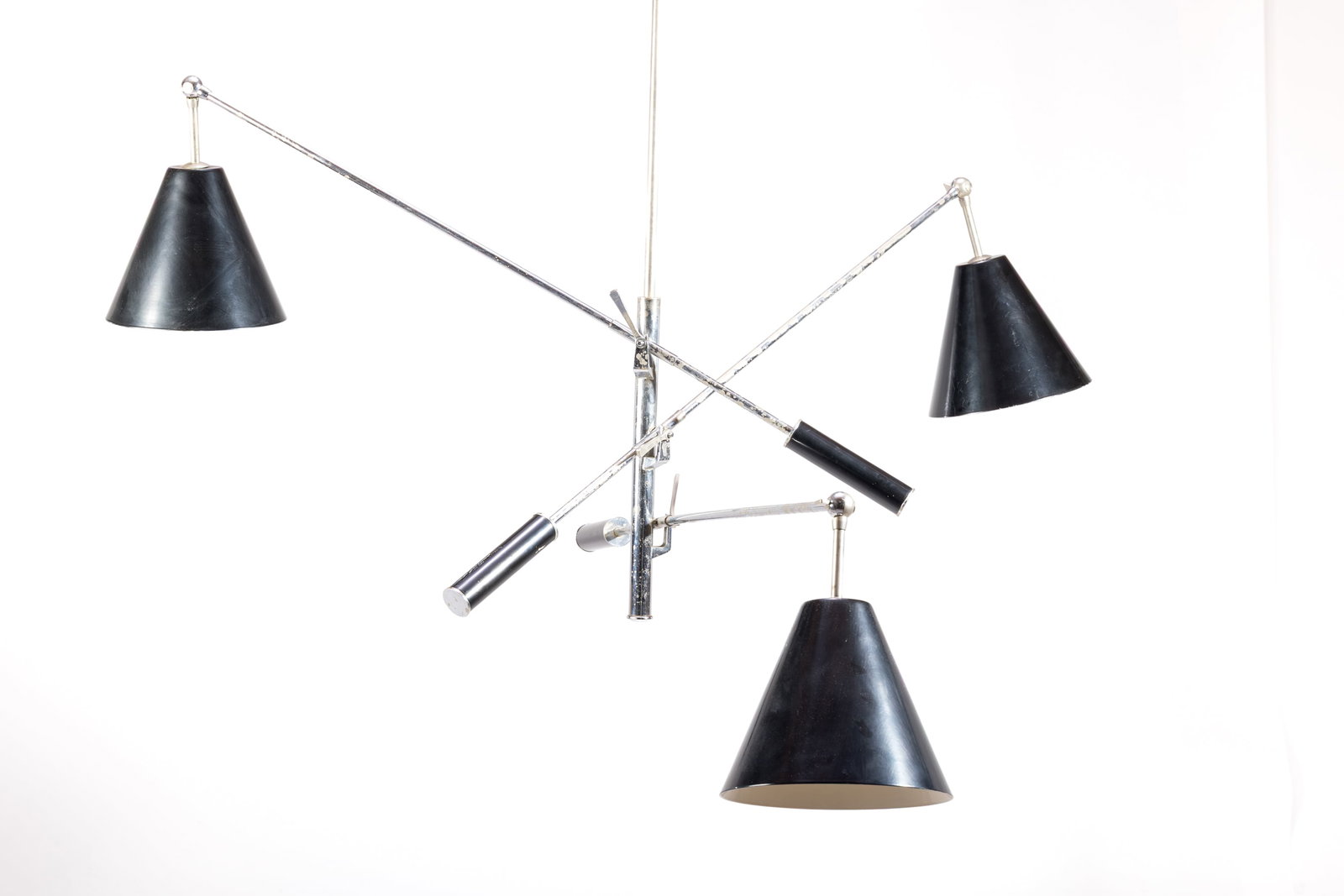 Angelo Lelii Style, Three-Arm Chandelier: ANGELO LELII STYLE Three-arm chandelier, 1960s Lacquered aluminum, chrome-plated metal. Produced in Italy. 37" H x 48" W x 36" D