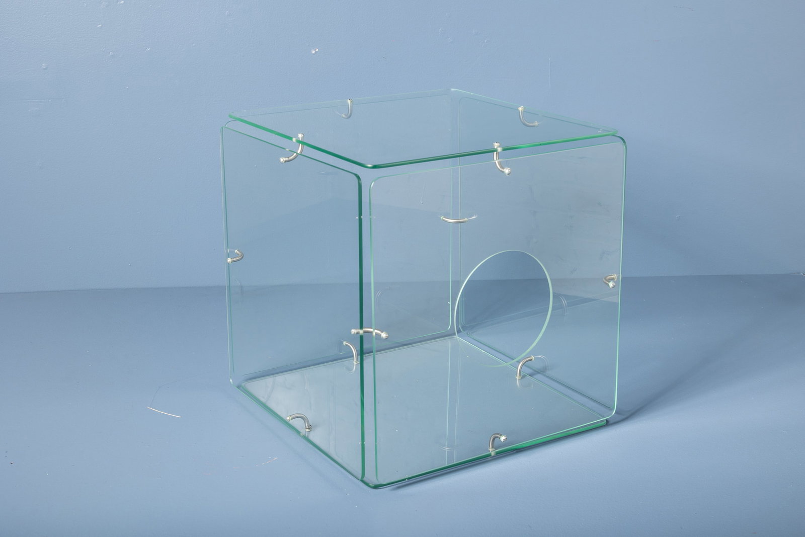 Gerald McCabe, 'Cube' Side Table: GERALD MCCABE 'Cube' side table, designed 1974 Glass, chrome-plated metal. Manufactured by Eon Furniture, USA. 19" H x 19" W x 19" D