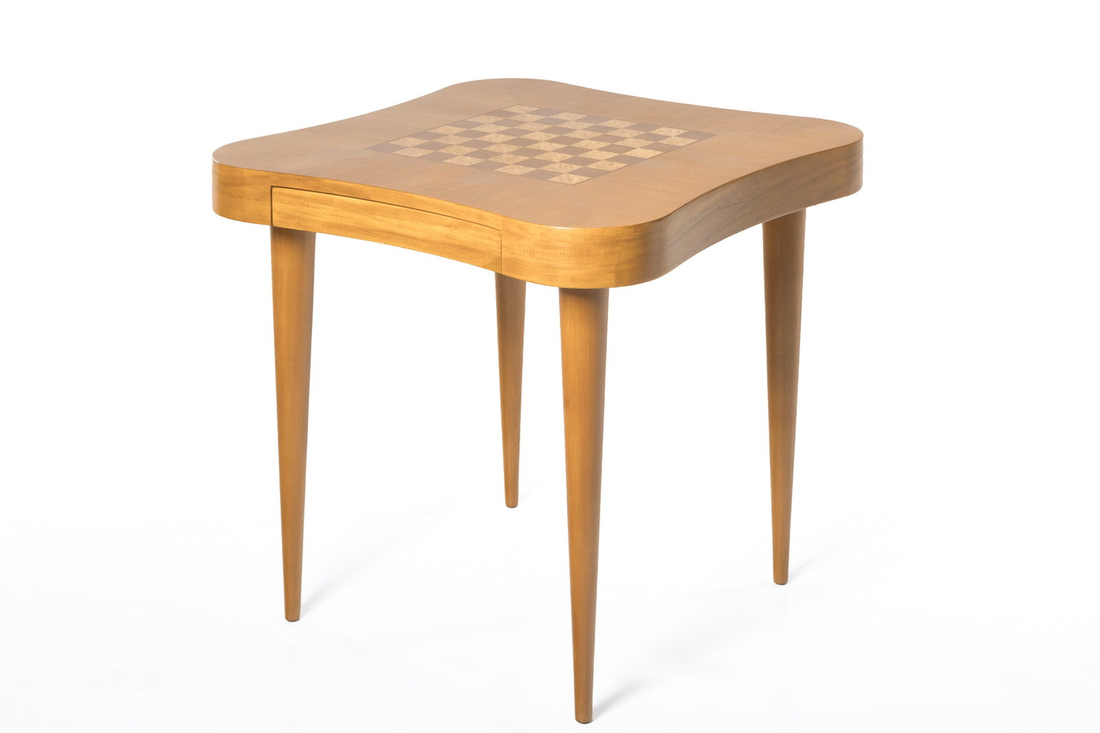 Gilbert Rohde, 'Paldao' Game Table: GILBERT ROHDE 'Paldao' game table, 1940s Burlwood, mahogany. Manufactured by Herman Miller, USA. 29" H x 32" W x 32" D