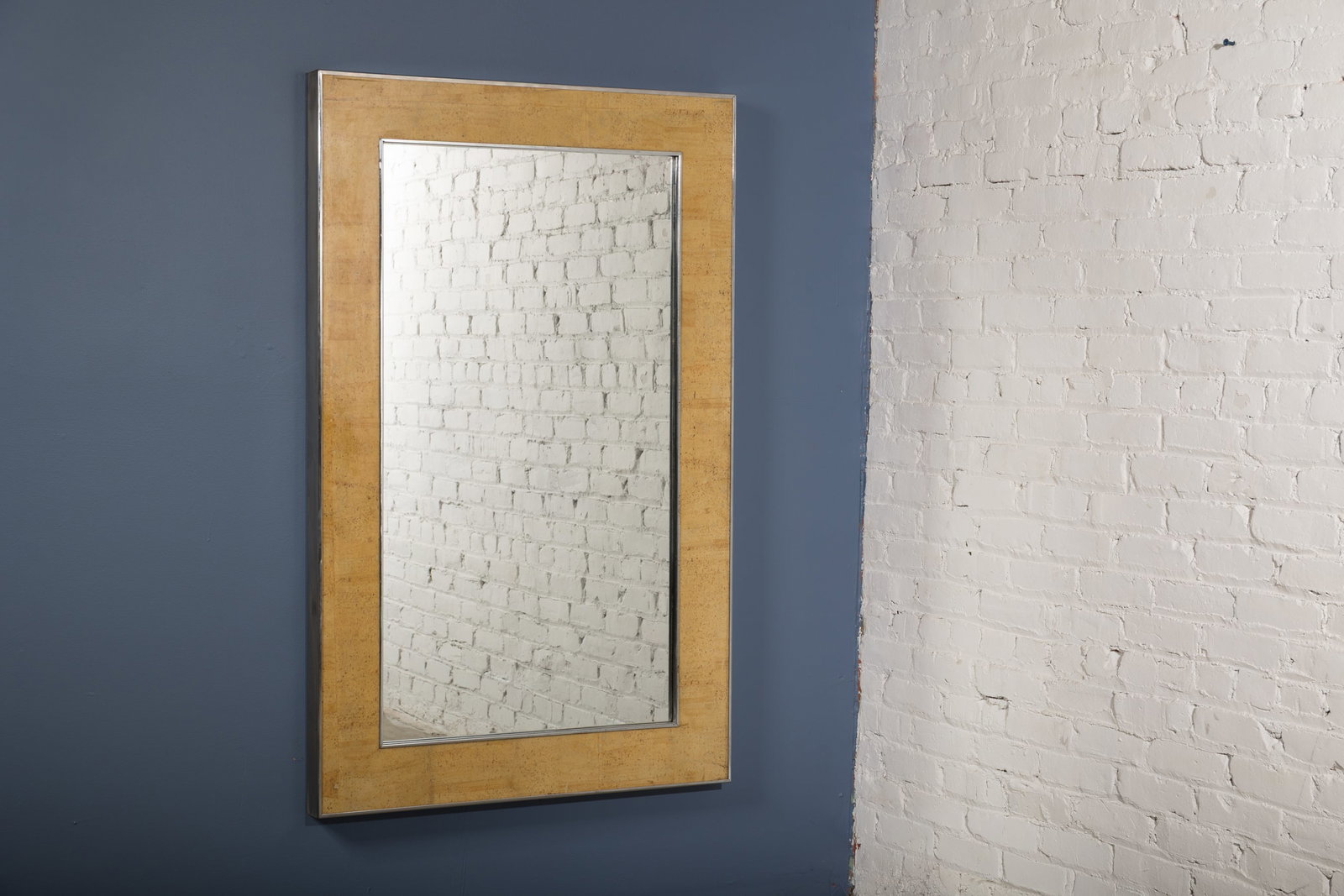 Modern, Burl Wall Mirror: MODERN Wall mirror, 1970s Burlwood, mirrored glass, chrome. 56" H x 36.5" W x 2.5" D