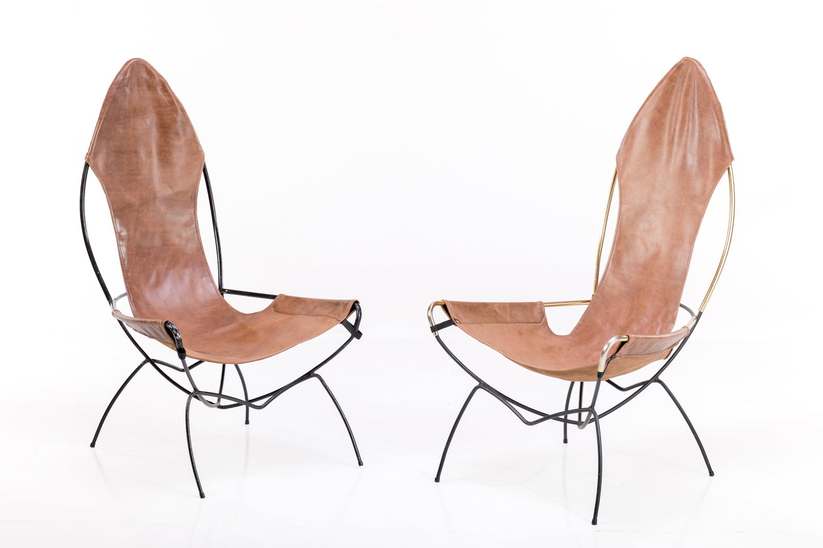 Jerry Johnson, 'Gothic' Chairs (2): JERRY JOHNSON Two 'Gothic' chairs, 1960s Lacquered tubular steel, leather, brass. Produced in the USA. Each: 45.5" H x 24" W x 31.5" D Seat height: 14"