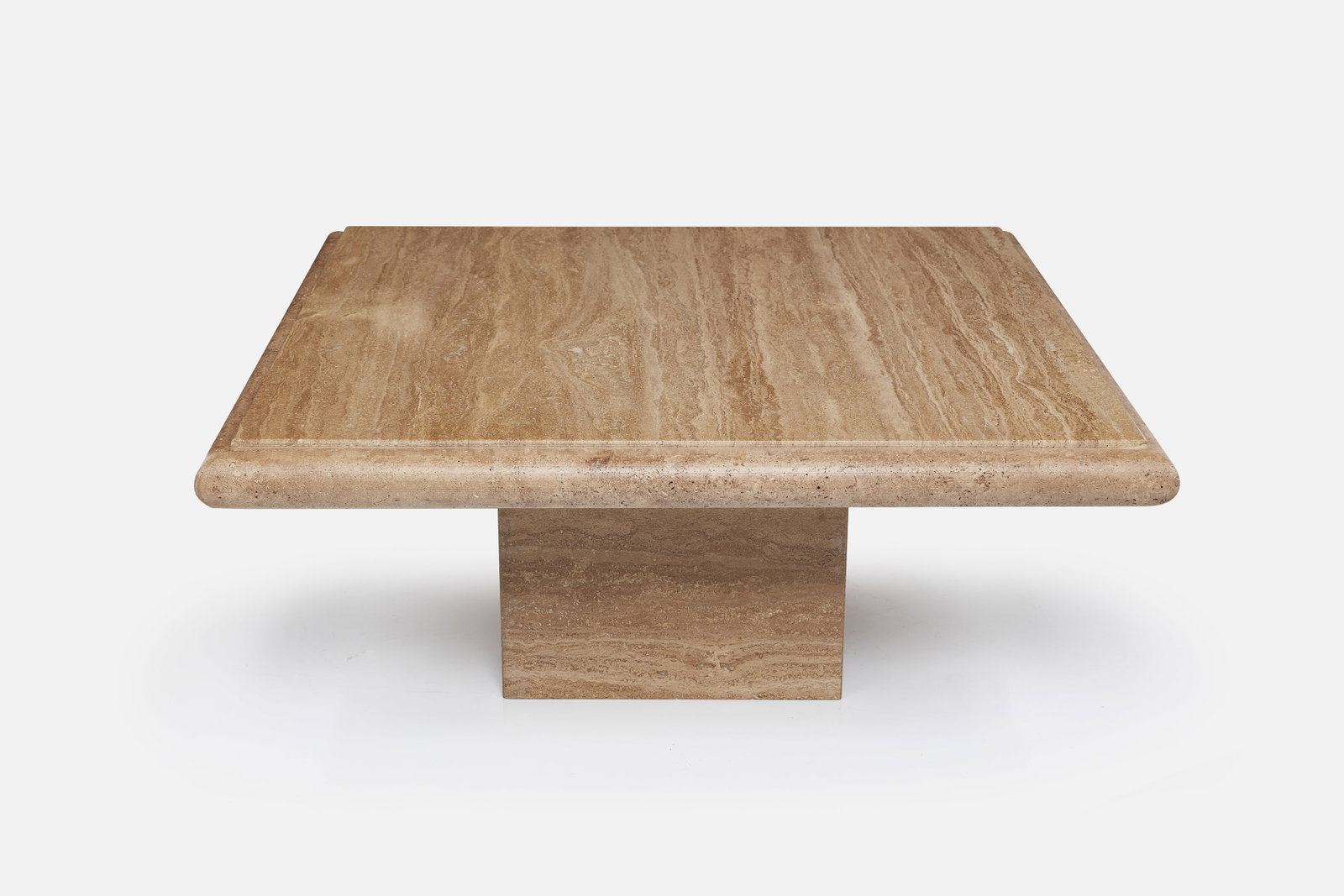 Modernist, Travertine Coffee Table: MODERNIST Coffee table, 1980s Travertine. 15.5" H x 39.5" W x 39.5" D