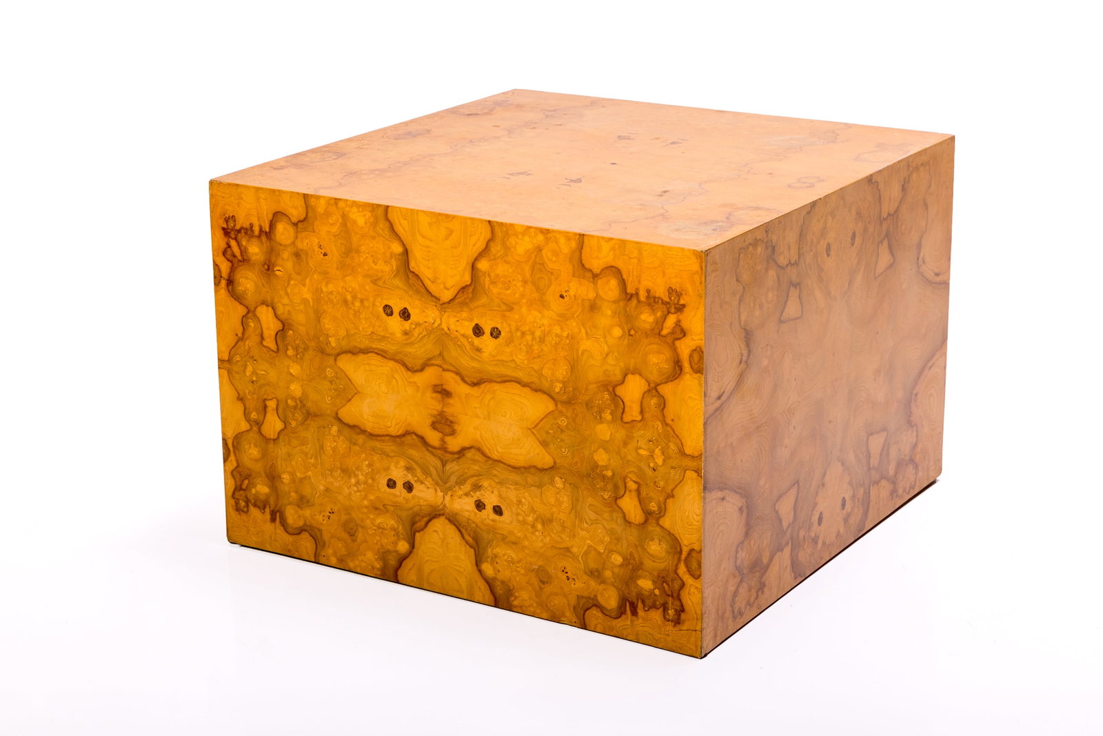 Modern, Burlwood Cube Table: MODERN Cube table, 1970s Olive burl. 22" H x 32" W x 32" D
