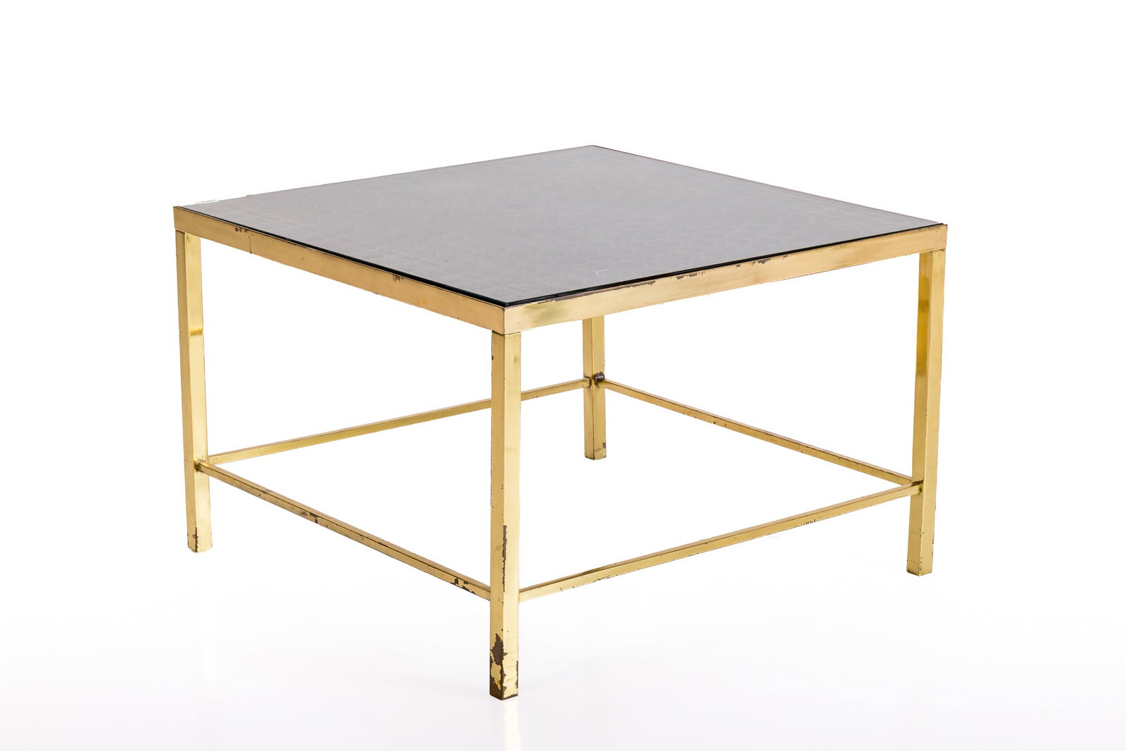 Modern, Square Table: MODERNIST Side table, 1960s Brass, cast iron, glass. 18" H x 29" W x 29" D