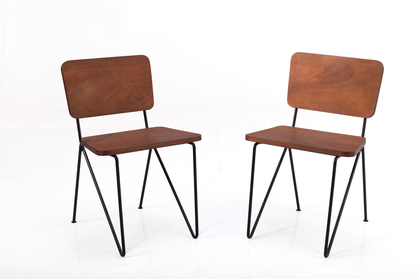 Luther Conover, Side Chairs(2): LUTHER CONOVER Pair of side chairs, ca. 1955 Mahogany, wrought iron. Produced by Pacifica, USA. Each: 29" H x 19.5" W x 20" D Seat height: 17.75"
