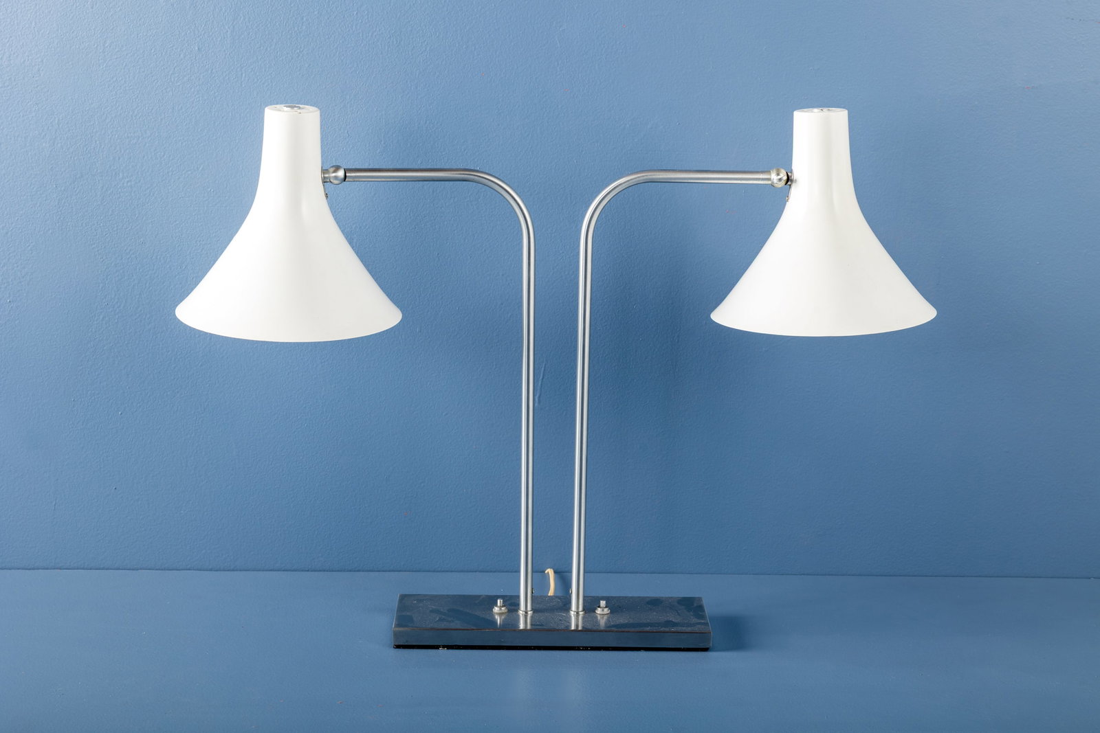 Greta Von Nessen, Double Table Lamp: GRETA VON NESSEN Double-cone table lamp, 1960s Painted aluminum, nickel-plated metal. Manufactured by Nessen Studios, USA. 20" H x 28.25" W x 8.5" D