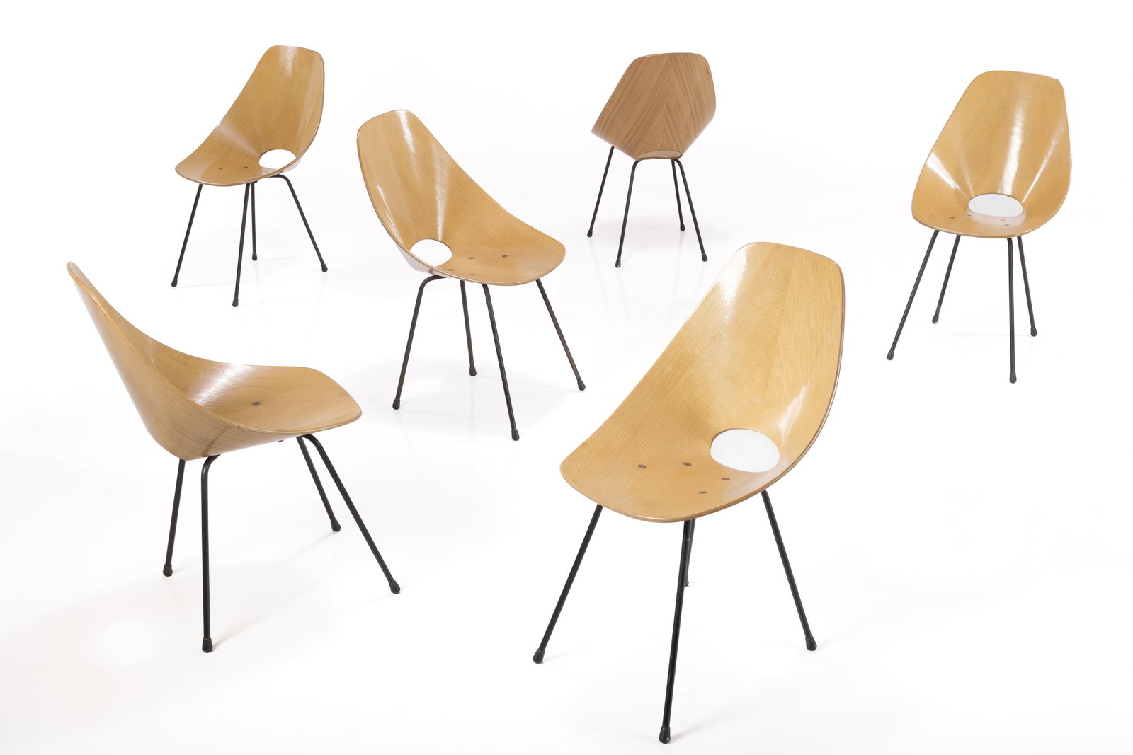 Ray Komai, Chairs (6): RAY KOMAI Set of six chairs, ca. 1949 Walnut plywood, chrome-plated steel, stainless steel, aluminum. Produced by JG Furniture Company, USA. Underside with manufacturer's brand. 