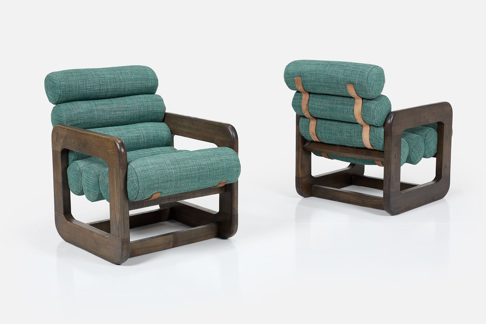 Modern, Armchairs (2): MODERN Pair of lounge chairs, 1970s Stained ash, fabric, iron. Each: 29.5" H x 23.5" W x 30.5" D Seat height: 17" 