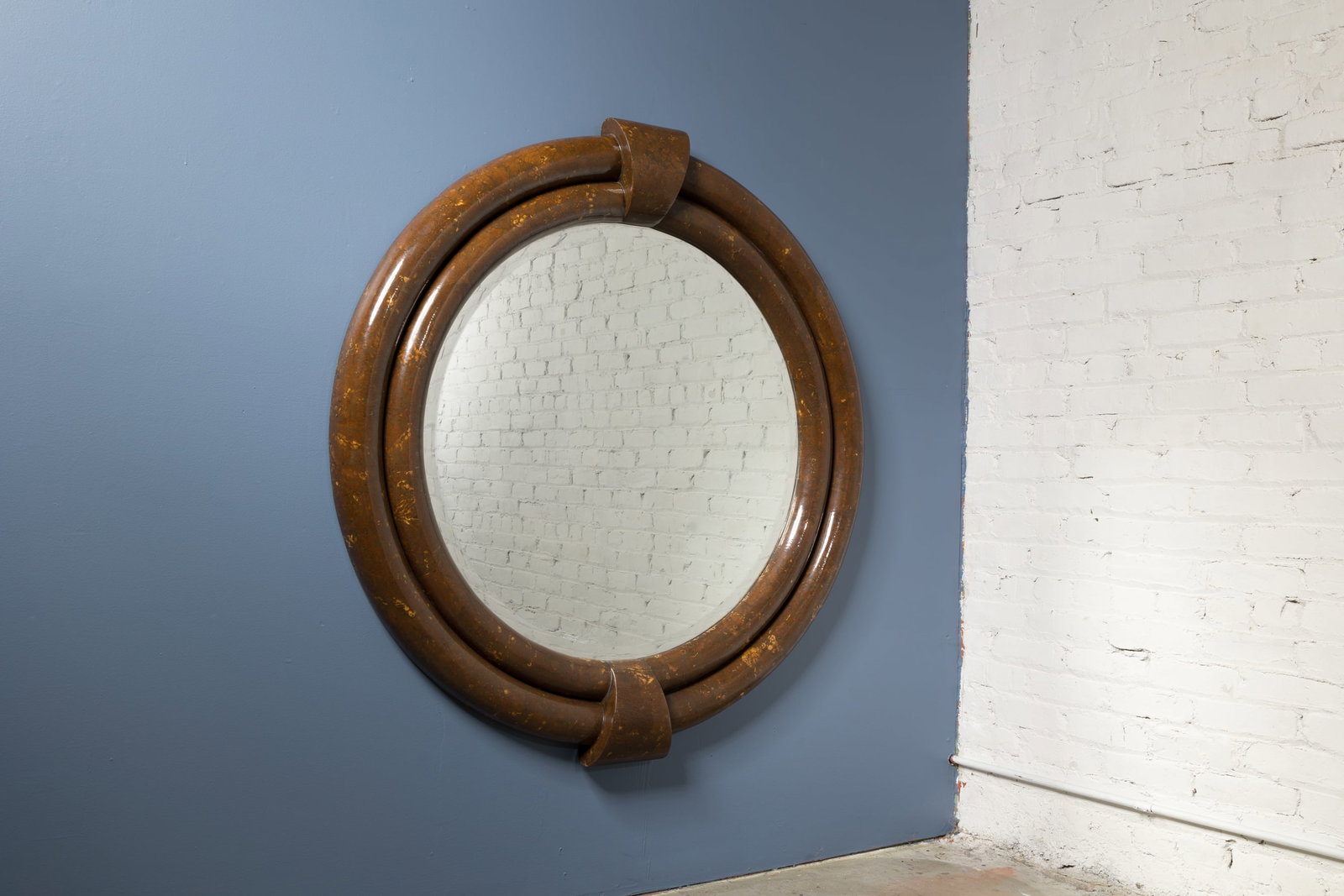 Enrique Garcel, Large Round Mirror: ENRIQUE GARCEL Round mirror, 1970s Lacquered wood, glass. Produced in Colombia. 49" Diameter x 5" D 