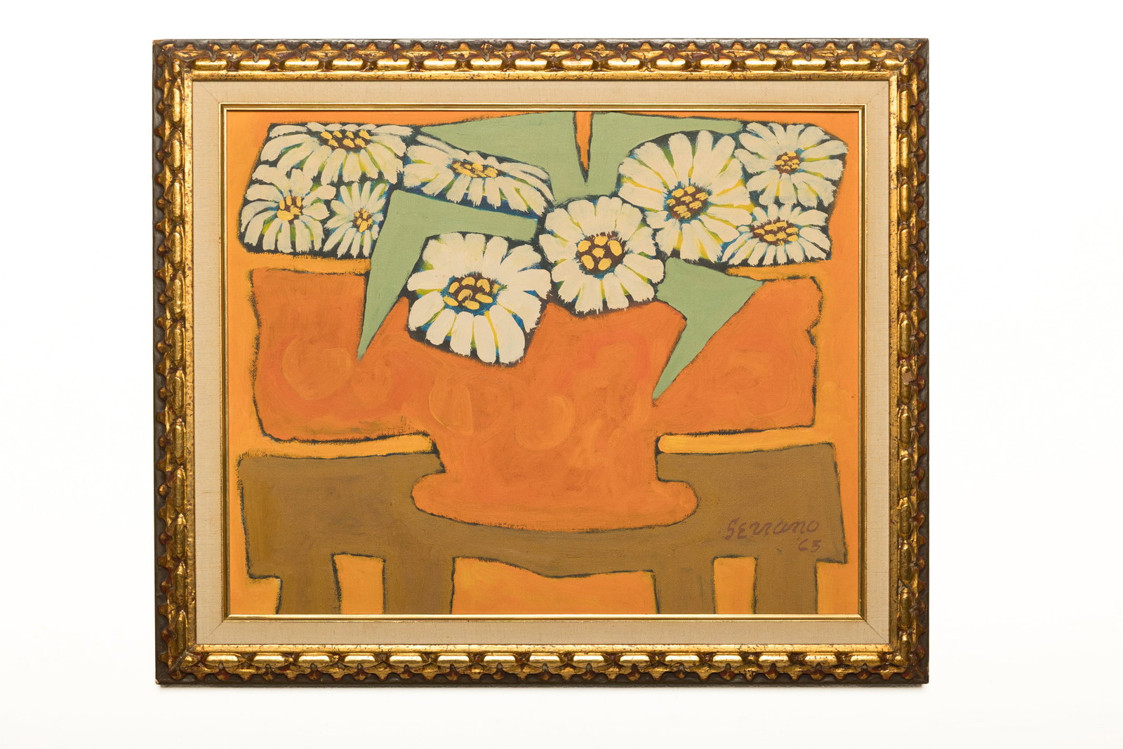 Benjamin Serrano, 'Daisies' Painting: BENJAMIN SERRANO 'Daisies', 1963 Oil on canvas. Signed and dated lower right and with New World Art Gallery label verso. Overall, framed: 20" H x 24" W 