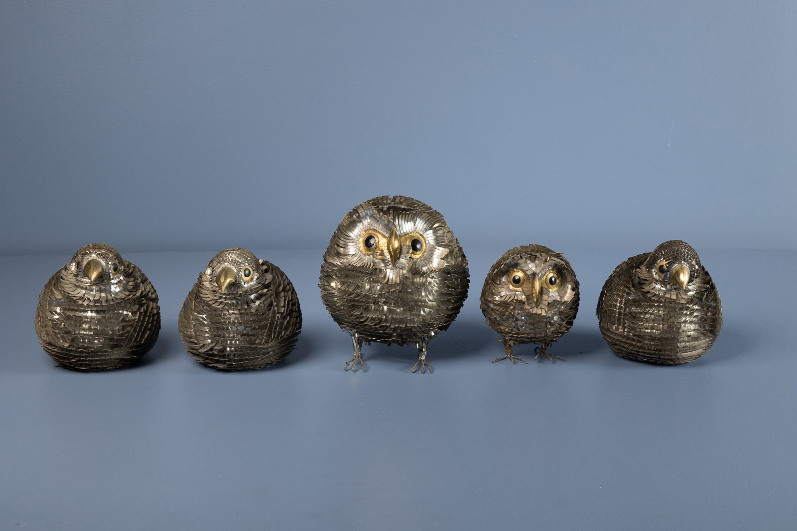 Alexander Blazquez, Bird Figures (5): ALEXANDER BLAZQUEZ Set of five bird figures, 1950s Aluminum, brass. Made in Mexico. Three with paper label underneath Largest: 8.75" H x 8.5" W x 7" D