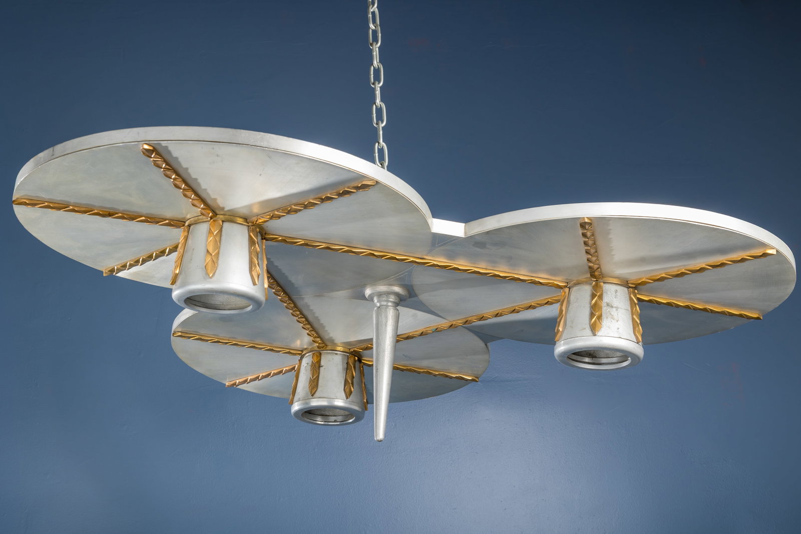 Mexican, Art Deco Style Ceiling Light: MEXICAN Art deco style ceiling fixture, 1950s Aluminum, bronze. 11" H x 48" W x 48" D