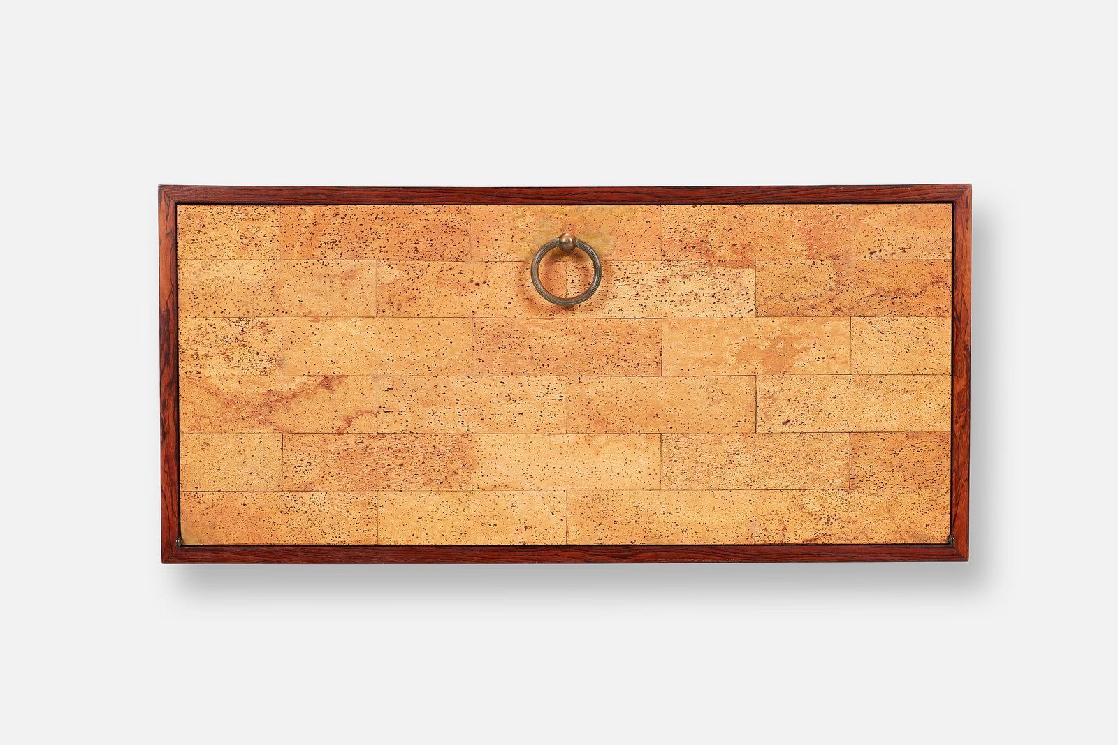 Jorge Zalszupin, Wall-Mounted Cabinet: JORGE ZALSZUPIN (Brazilian, 1922-2020) Wall-mounted cabinet, 1960s Jacaranda, plastic laminate, cork, brass. Manufactured by L'Atelier, Brazil. 16.5" H x 35.5" W x