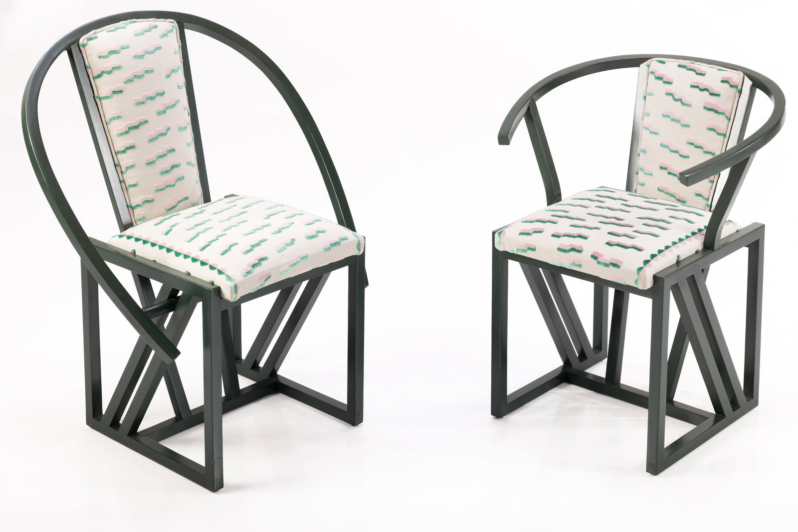 Pascal Mourgue, 'Contraste' Chairs (2): PASCAL MOURGUE Two 'Contraste' chairs, ca. 1985 Lacquered wood, upholstery. Produced by Forum Diffusion, France. Taller: 34.5" H x 28.5" W x 22" D Seat height:
