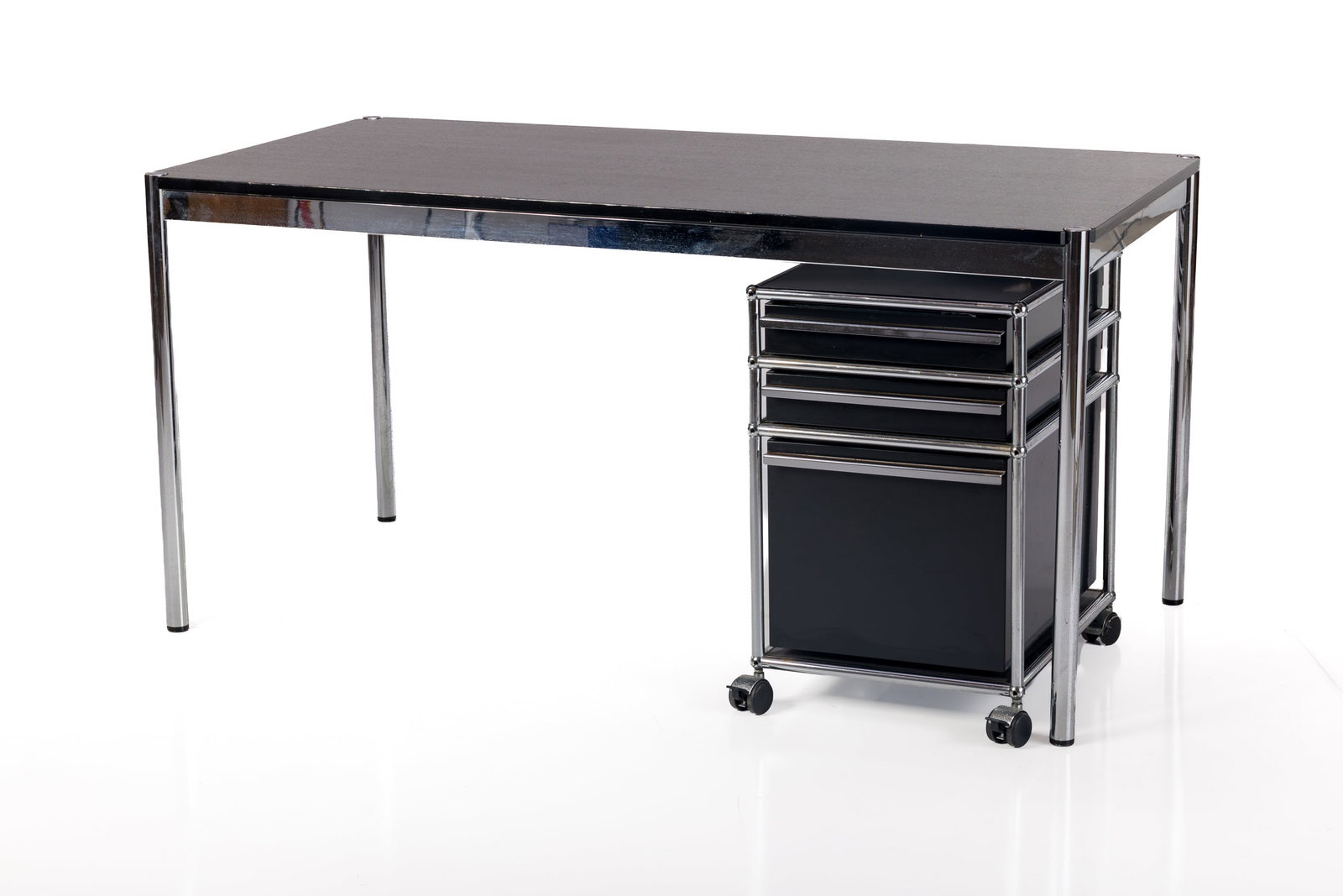 Fritz Haller + Paul Scharer, Desk + Rolling File (2): FRITZ HALLER + PAUL SCHARER Desk with rolling file cart, late 20th century Painted wood, chrome-plated steel. Manufactured by USM Modular Furniture, Switzerland. Desk: 29" H x