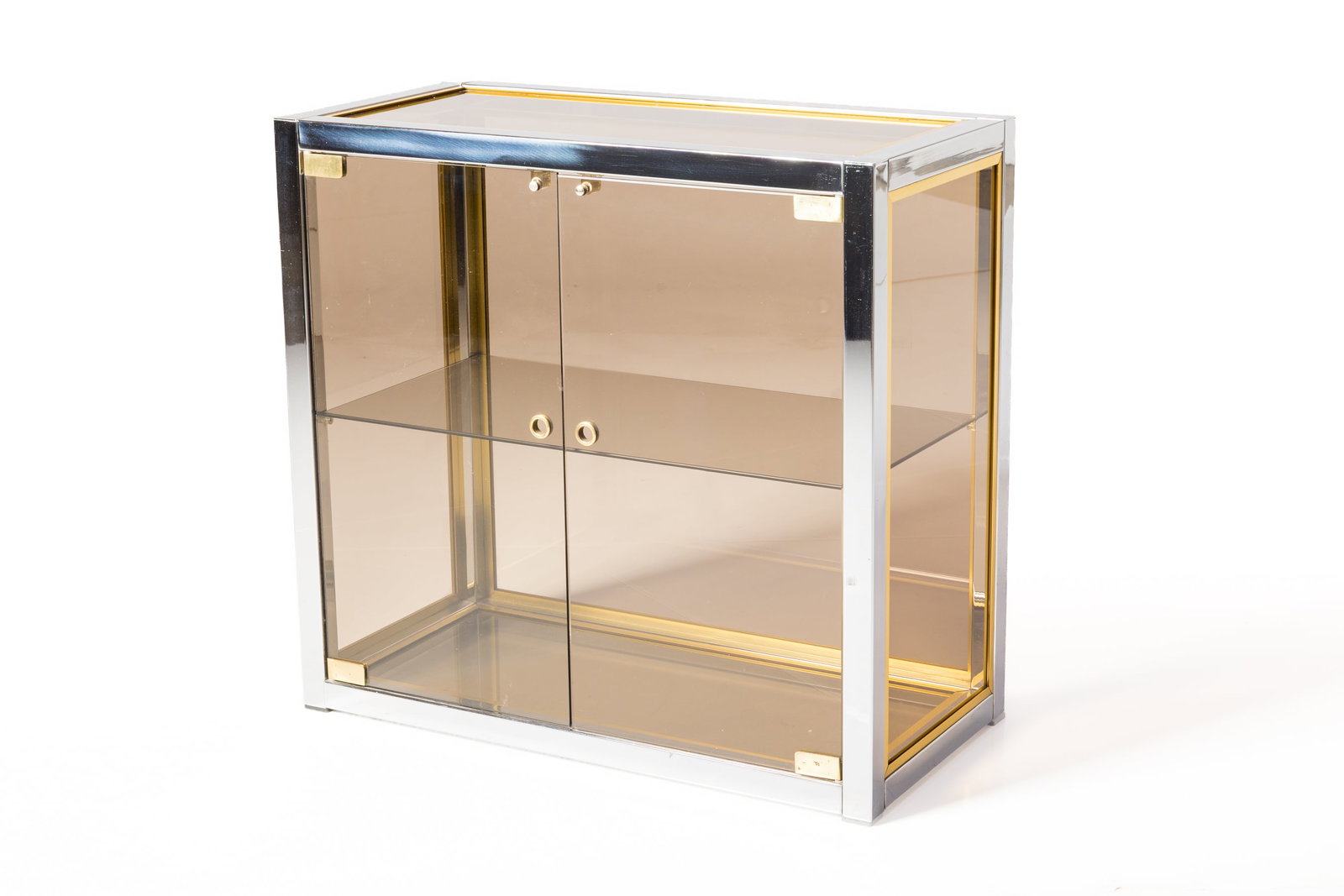 Italian, Vitrine: ITALIAN Vitrine, 1960s Chrome-plated steel, smoked glass, brass. 28.5" H x 30" W x 14.75" D