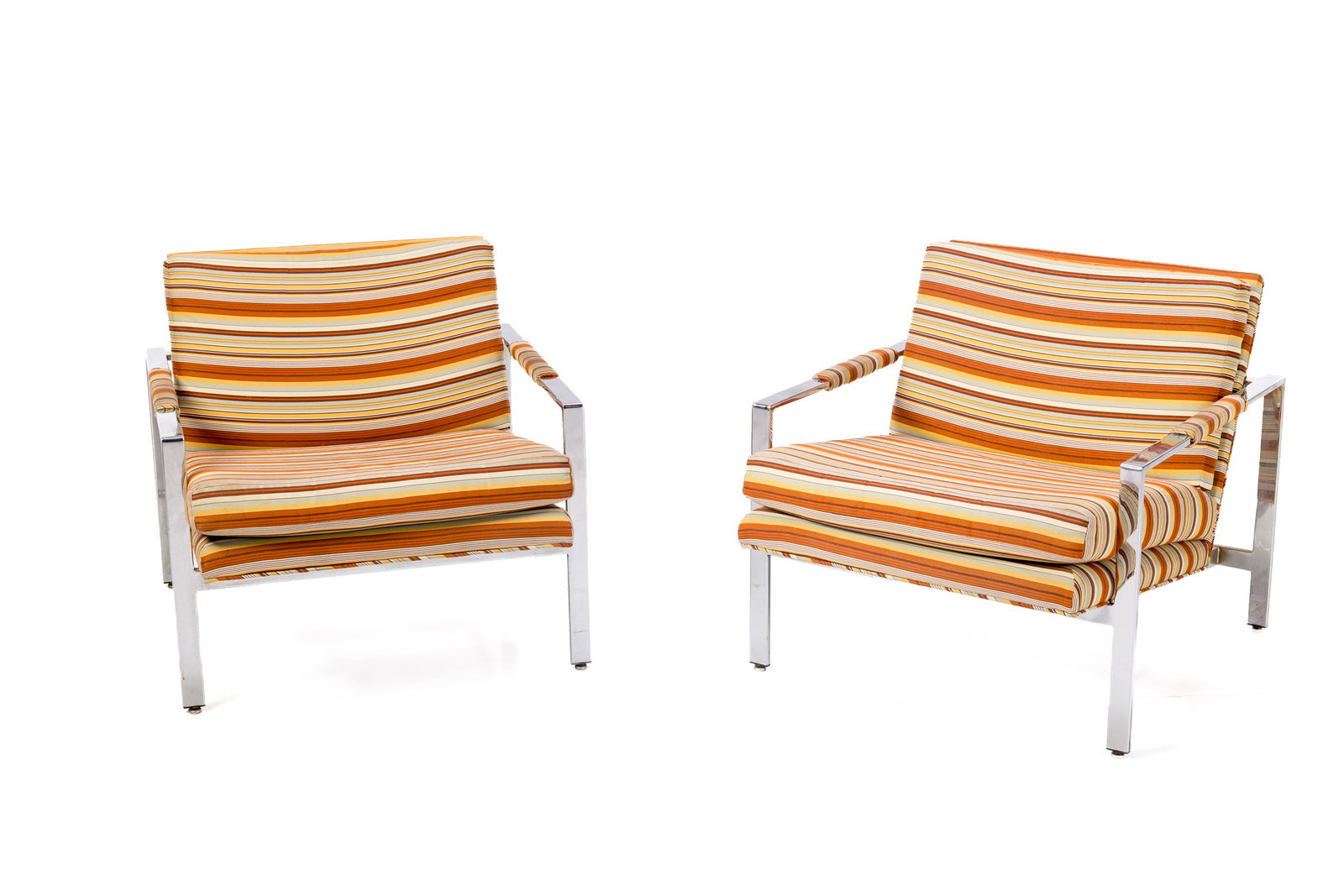 Milo Baughman, Lounge Chairs (2): MILO BAUGHMAN Pair of lounge chairs, 1970s Chrome, fabric. Manufactured by Thayer Coggin, USA. Each: 27" H x 28.5" W x 31.5" D Seat height: 17"