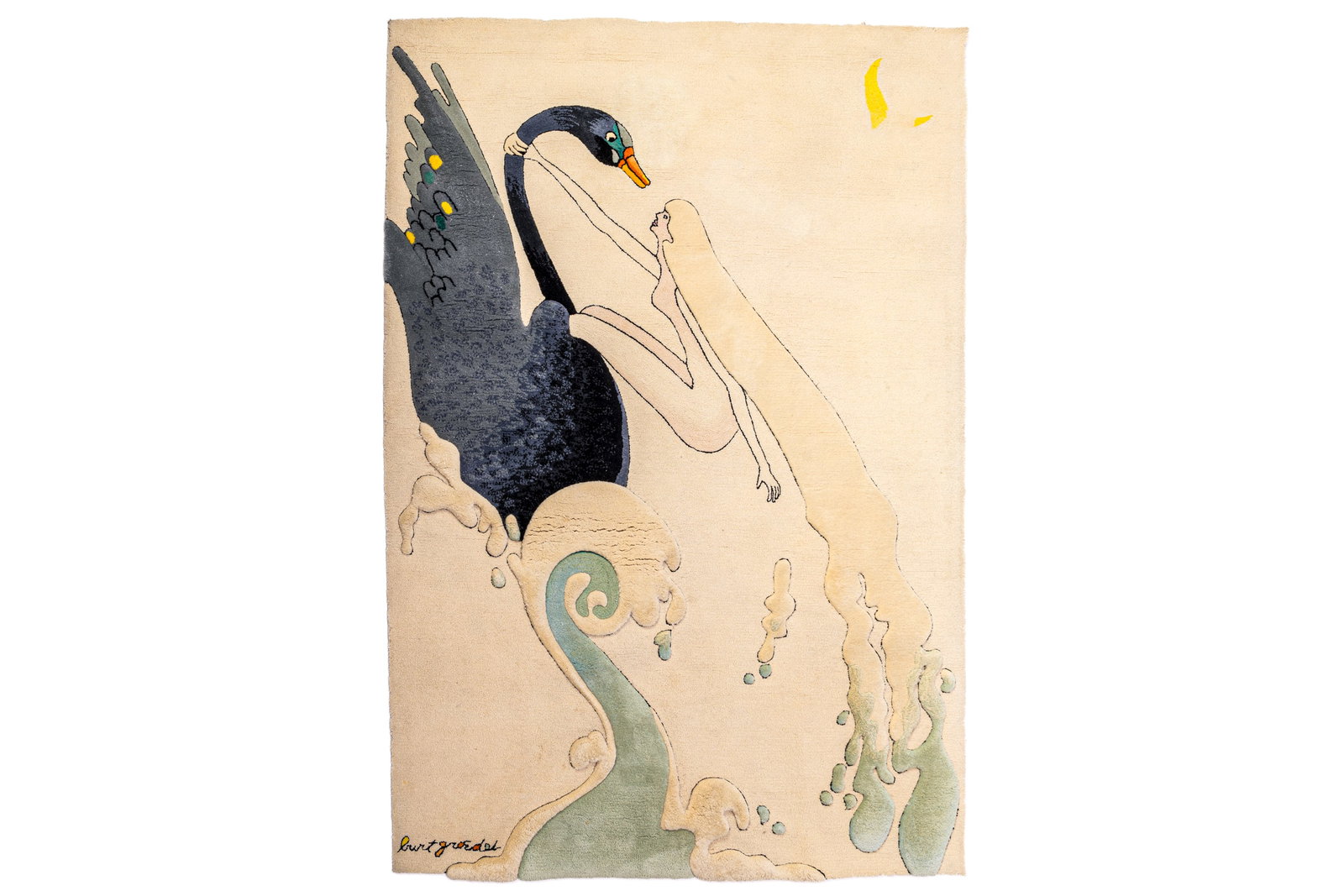 Burt Groedel, 'Leda the Swan' Rug: BURT GROEDEL 'Leda the Swan' rug, 1986 Sculpted wool pile. Produced by Edward Fields, USA. Signed in the weave with artist's signature. Producer's marks along the underside. 