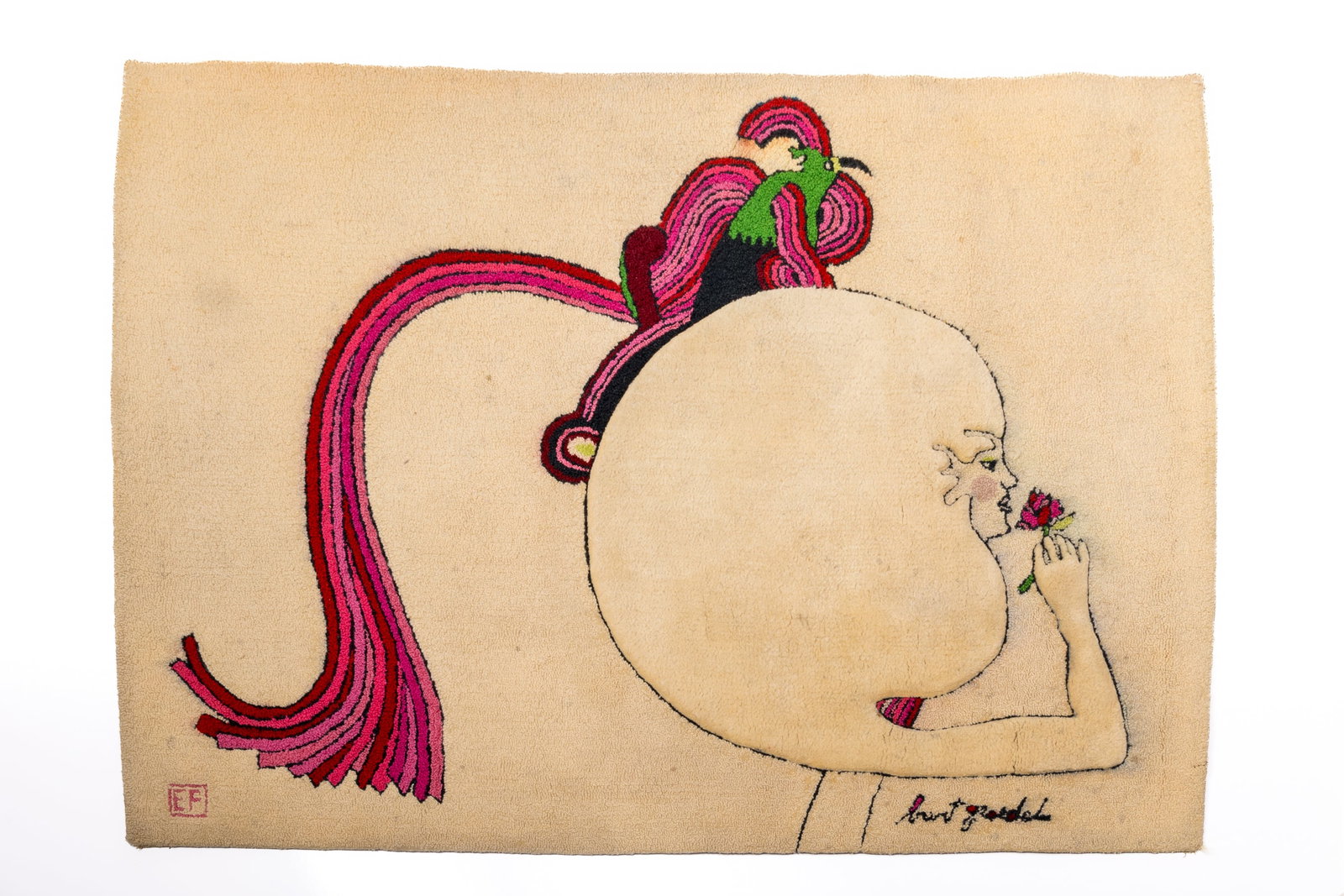 Burt Groedel, 'Lady Worthington's Bird' Rug: BURT GROEDEL 'Lady Worthington's Bird' sculpted pile rug, 1986 Wool. Produced by Edward Fields, USA. Manufacturer's label on the back and signed in the weave. 60" x