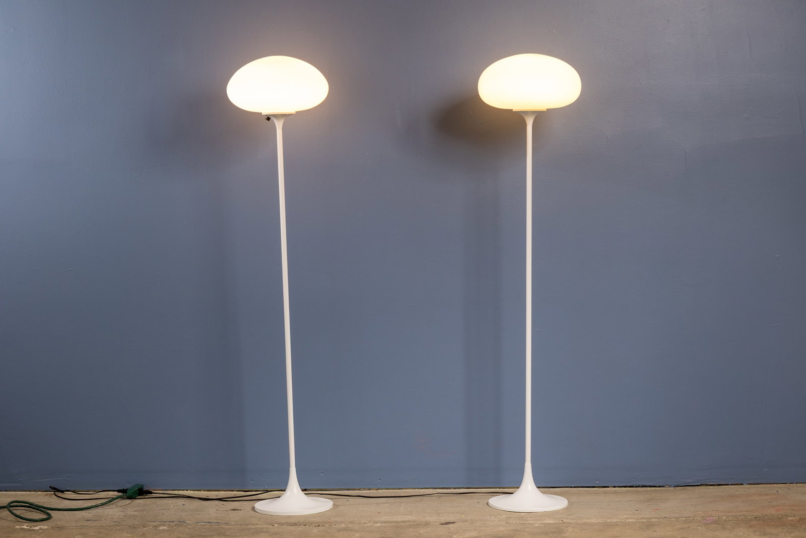 Laurel, 'Mushroom' Floor Lamps (2): LAUREL Pair of 'Mushroom' floor lamps, model no. 257, 1960s Painted aluminum, hand-blown glass. Manufactured by Laurel, USA. Each: 56" H x 12" Diameter 