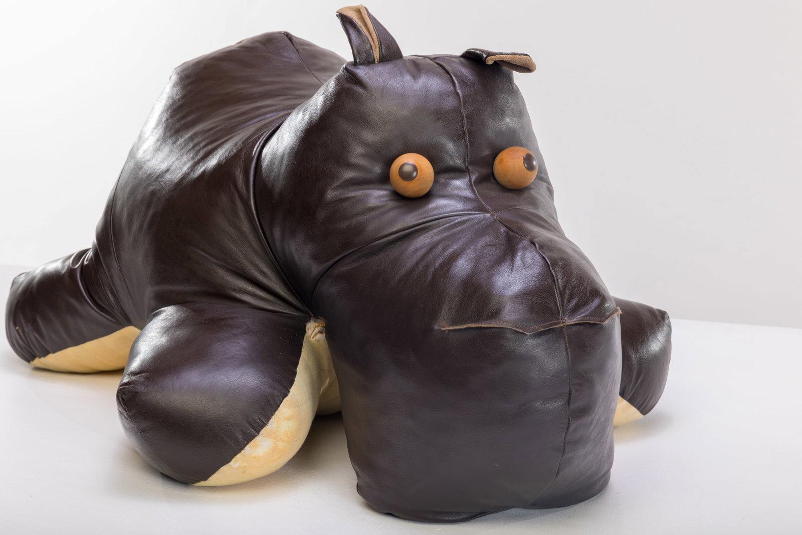 Italian, Hippo Footstool: ITALIAN Hippo footstool, 1970s Leather, fabric. 21" H x 36" W x 23" D