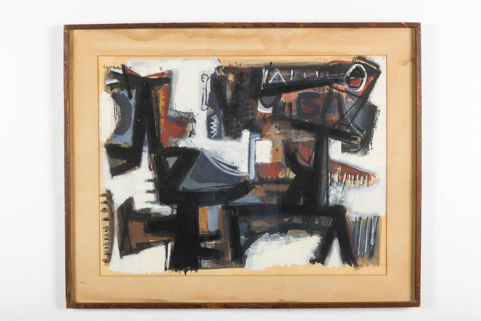 John Levee, Abstract Gauche: JOHN LEVEE Abstract, 1954 Gauche, paper. Signed upper left "Levee 54" and retains Andre Emmerich, NY gallery label. Overall, framed: 28.5" H x 35.5" W Image: 