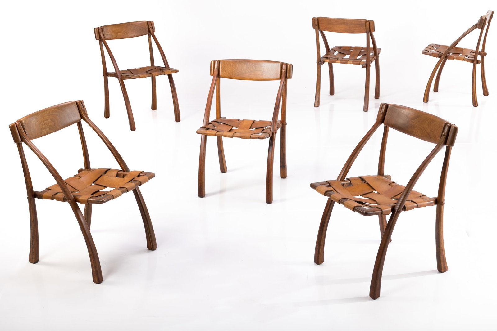 Arthur Espenet Carpenter, 'Wishbone' Chairs (6): ARTHUR ESPENET CARPENTER Rare matched set of six 'Wishbone' chairs, 1975 Walnut, leather. Studio-made, USA. Each chair signed and dated. 31.25" H x 19.5" W x 21.5" D Seat height: 18"