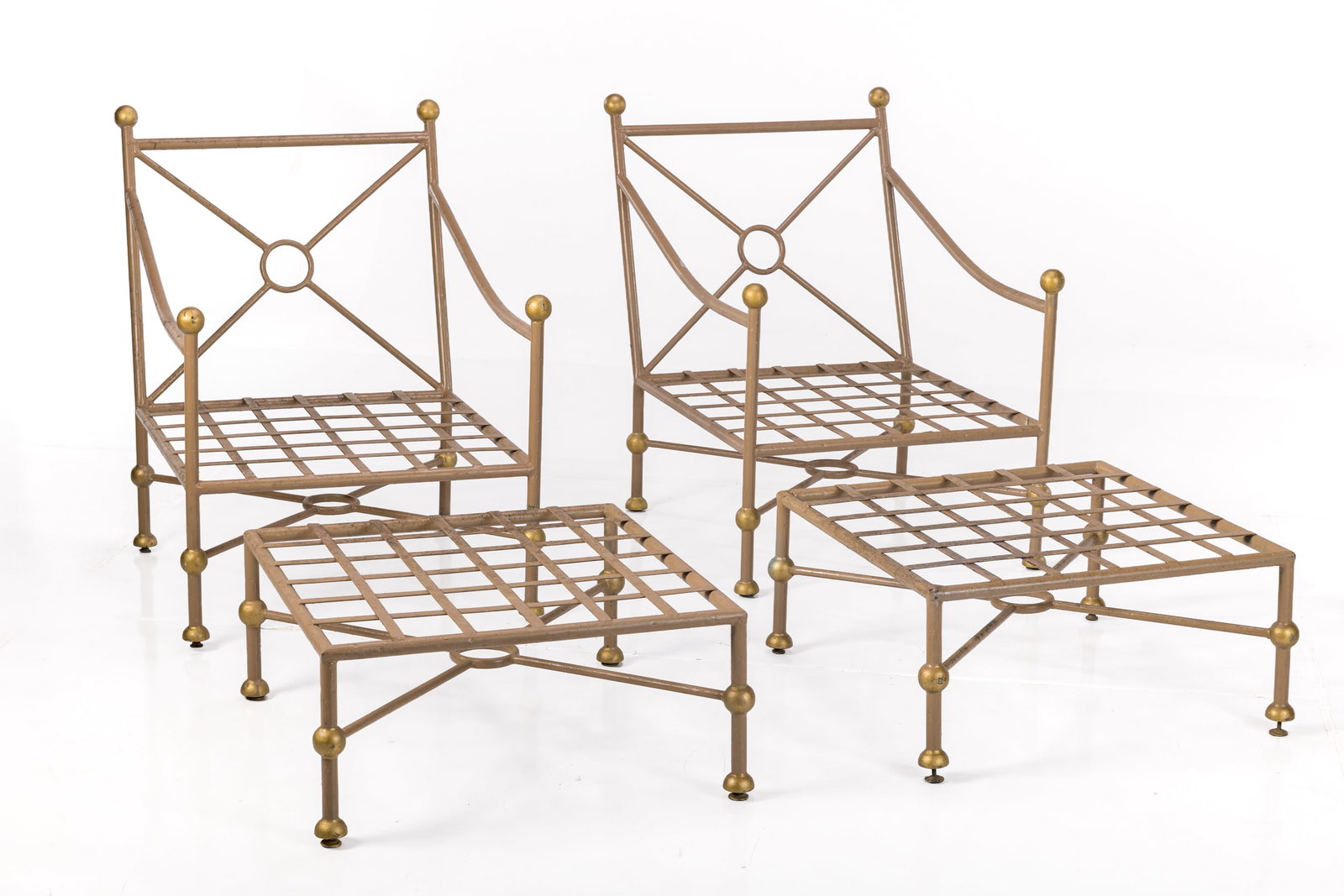 Diego Giacometti Style, Lounge Chairs + Ottomans (4): DIEGO GIACOMETTI STYLE Pair of chairs with ottomans, 1980s Painted aluminum. Each: 32.25" H x 23.75" W x 24" D Seat height: 16"