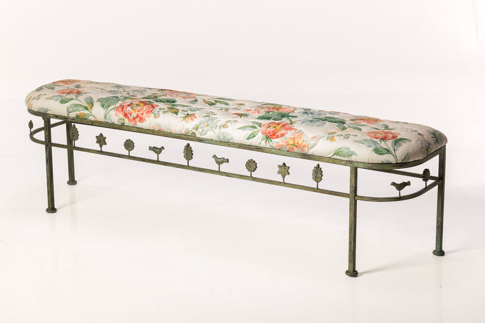 Diego Giacometti Style, Bench: DIEGO GIACOMETTI STYLE Bench, 1960s Painted iron, upholstery. 19" H x 67.5" W x 15" D