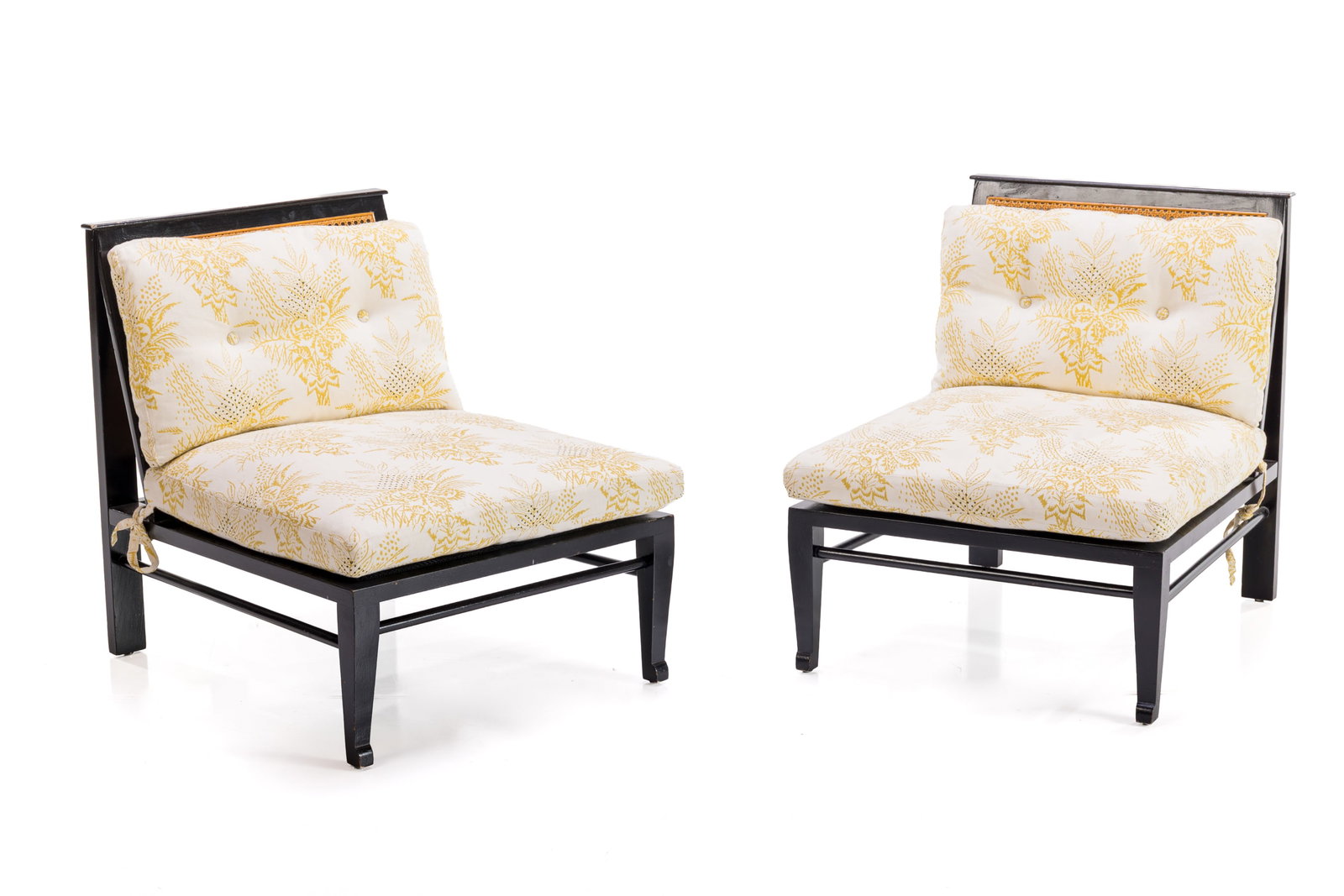 William Pahlmann, 'Thebes' Lounge Chairs (2): WILLIAM PAHLMANN Pair of 'Thebes' lounge chairs, 1960s Lacquered wood, cane, upholstery. Produced in the USA. Each: 28.25" H x 23" W x 29.25" D Seat height: 14"