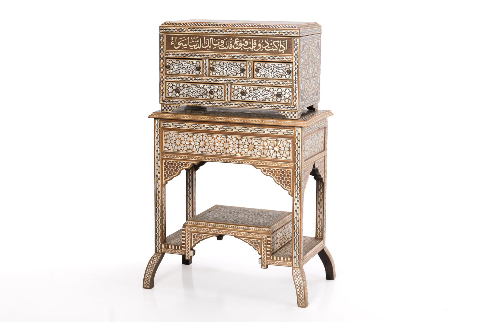 Egyptian, Inlaid Chest + Stand (2): EGYPTIAN Inlaid chest with stand, 1970s Wood, mother-of-pearl, tortoise shell. Chest: 15" H x 24" W x 14" D Stand: 30.5" H x 28" W x 16" D