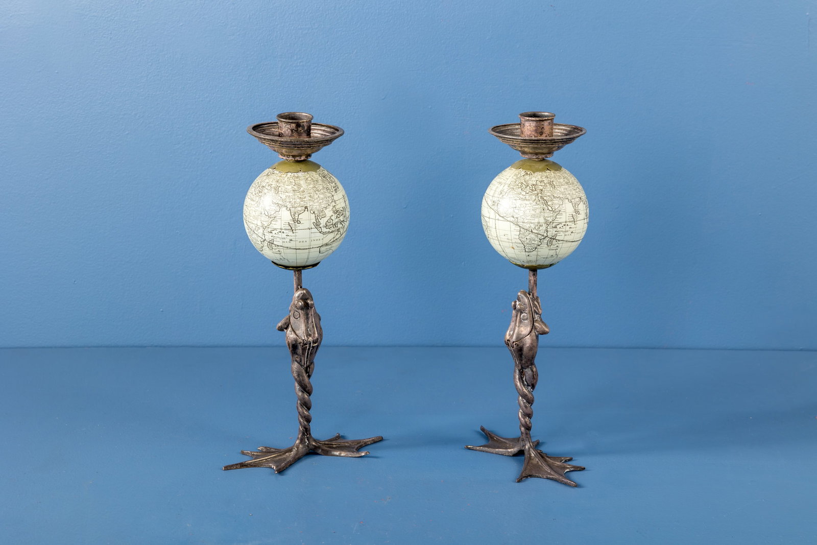 J. Anthony Redmile, Frog Candlesticks (2): J. ANTHONY REDMILE Candlesticks, 1970s Silverplate, brass, printed paper. Produced by J. Anthony Redmile, UK. Undersides with designer's label. Each: 16" H x 8.25" W x 4.5" D