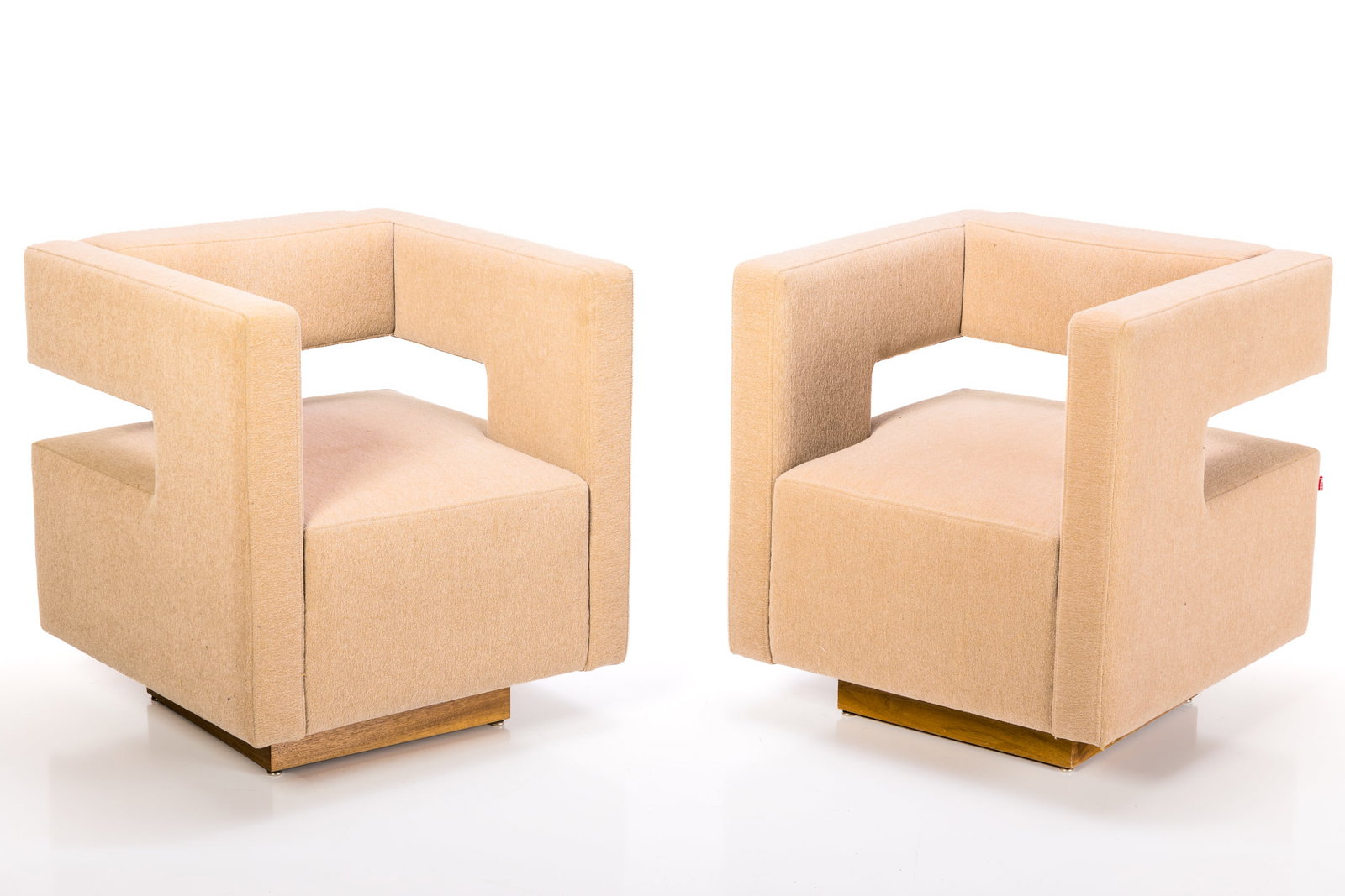 Reza Feiz, 'BB' Lounge Chairs (2): REZA FEIZ Pair of 'BB' lounge chairs, 2000s Fabric, walnut. Produced by Phase Design, USA Each with manufacturer's seam tag. Each: 29" H x 26.5" W x 26.5" D