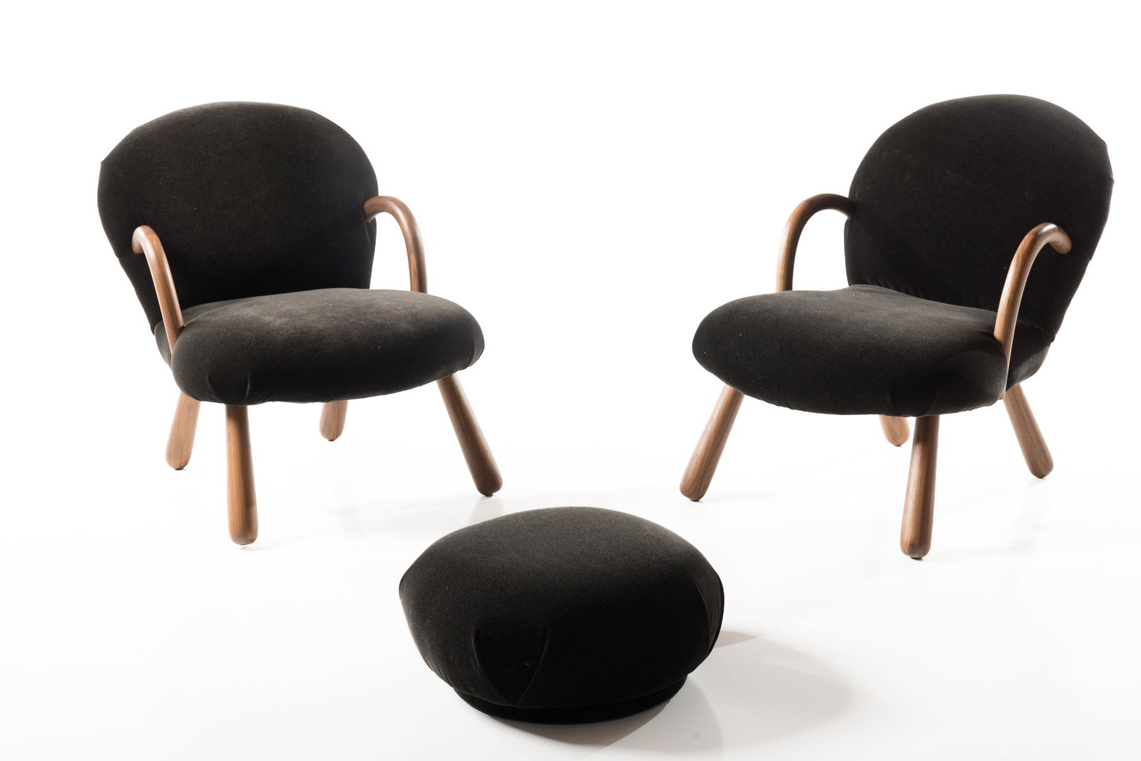 Arnold Madsen Style, Lounge Chairs + Ottoman (3): ARNOLD MADSEN STYLE Pair of lounge chairs and ottoman, 2020s Velvet, walnut. Custom-made, USA. Each: 30.5" H x 24.5" W x 33" D Seat height: 16" Ottoman: 10" H x 20.5&qu